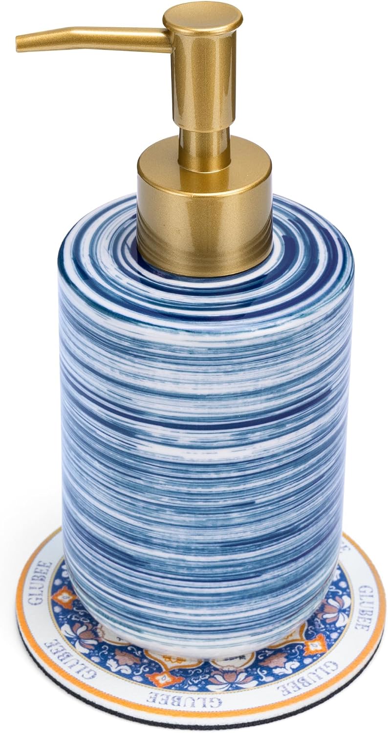 Ceramic Soap Dispenser Set - Compact Refillable Hand & Dish Soap Dispenser for Bathroom & Kitchen, Non-Slip Absorbent Mat & Silicone Funnel, Space-Saving Countertop Design, 11.8 oz