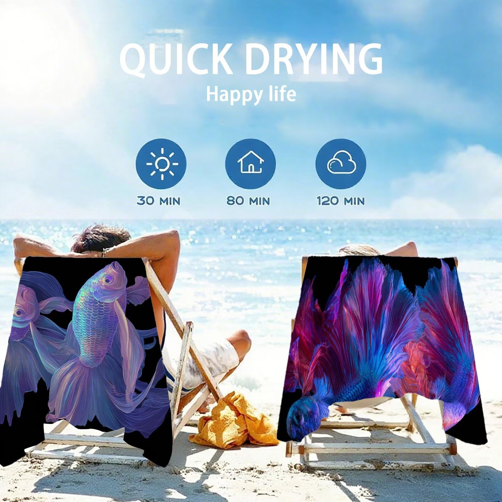 Ręcznik plażowy z mikrofibry 85 x 170 cm prześcieradło plażowe odporny na piasek czarny ręcznik plażowy XXL Koi ręcznik plażowy Szybkoschnący, miękki i bardzo chłonny, szybkoschnący do podróży, sauny