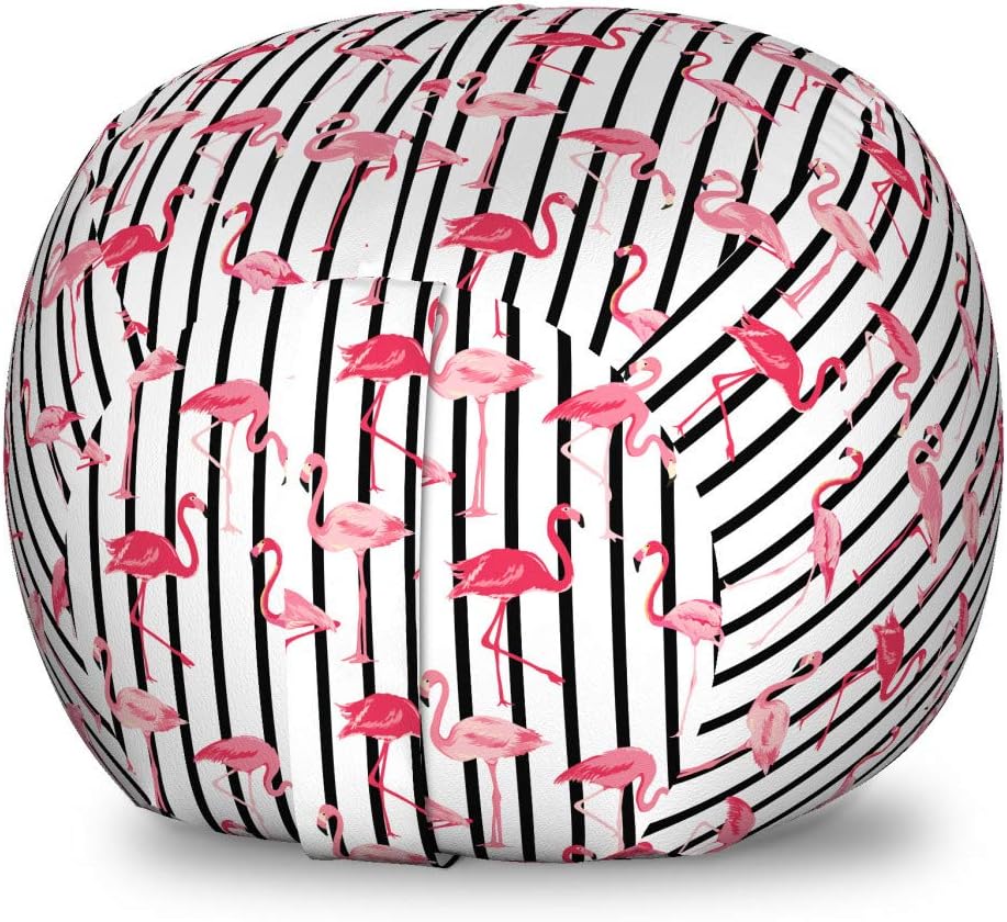 Lunarable Flamingo Storage Toy Bag Chair, Flamingo Birds Pattern on Vertical Striped Background Tropical Garden Wild Nature, Stuffed Animal Organizer Washable Bag, Small Size, Pink Black
