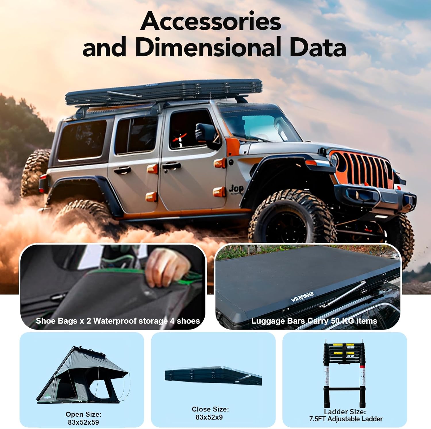 WildFinder Rooftop Tent Hardshell, 2-3 Person Camping Car Roof Top Tent Hard Shell Suitable for Jeep, SUV, Truck, Van