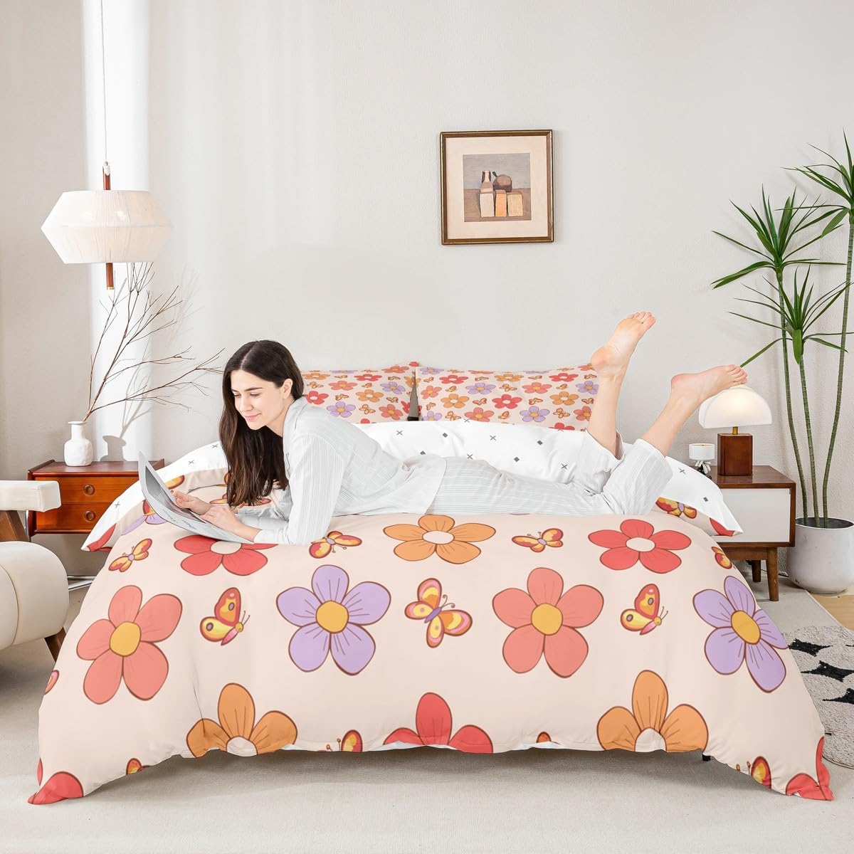 Erosebridal Groovy Flower Bed Set Purple Pink Floral Duvet Cover for Girls, Cute Butterfly Bedding Set King Orange Red Vintage Blossoms Comforter Cover, Hippie Fashion Bed Cover 3pcs (Zipper Closure)