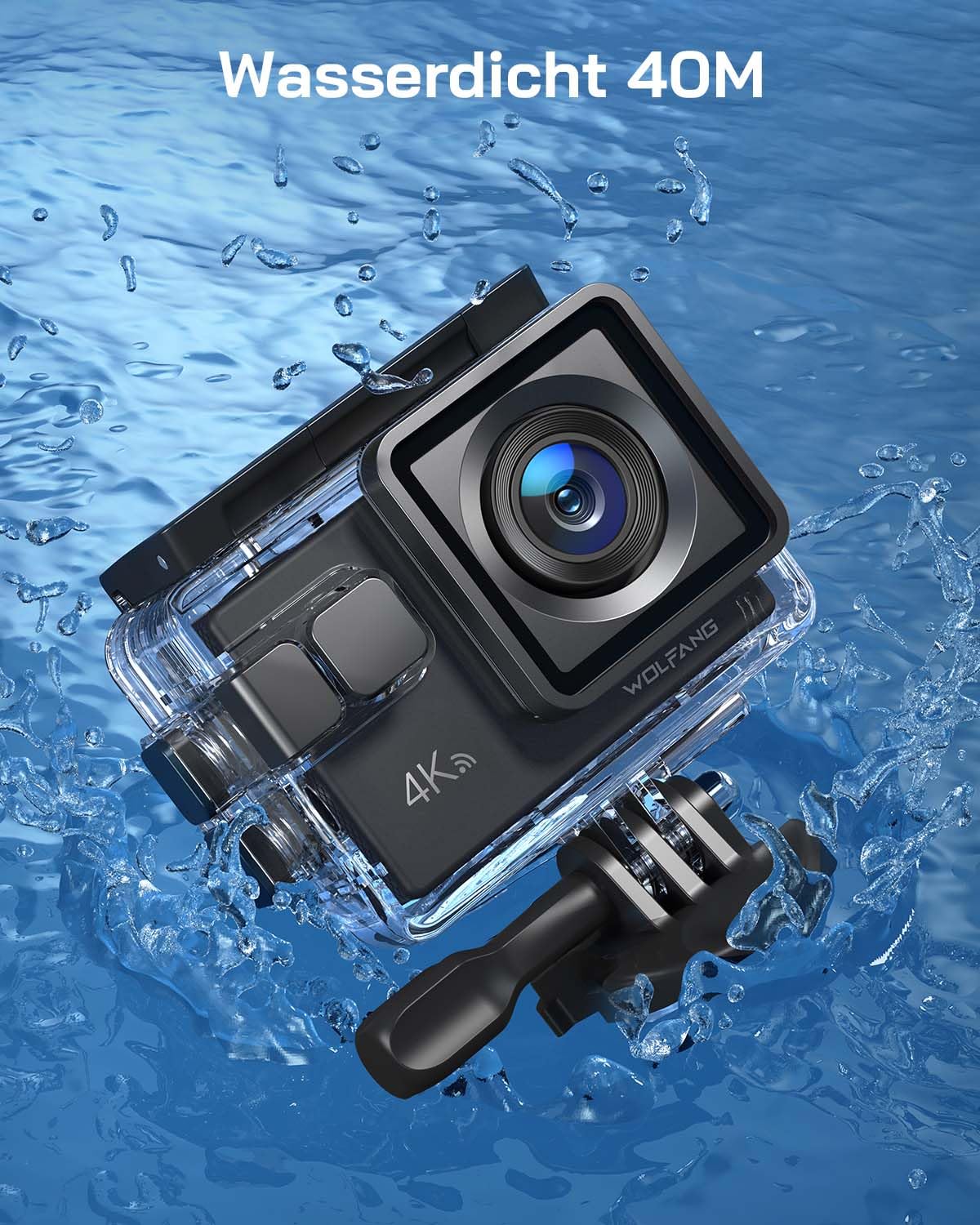 WOLFANG Action Cam 4K 30FPS 20MP mit 32GB microSDXC WiFi 40M Unterwasserkamera Wasserdicht EIS Actioncam Zubehör Kit