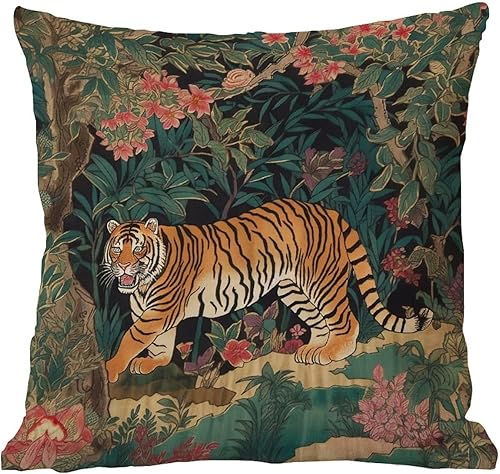 Miniatura 1 de Eurosham Accent Toss - Funda de cojín con estampado de tigre chinoiserie, rosa, verde y turquesa, negro, rayas de tigre, colorido, 16 x 16 pulgadas,