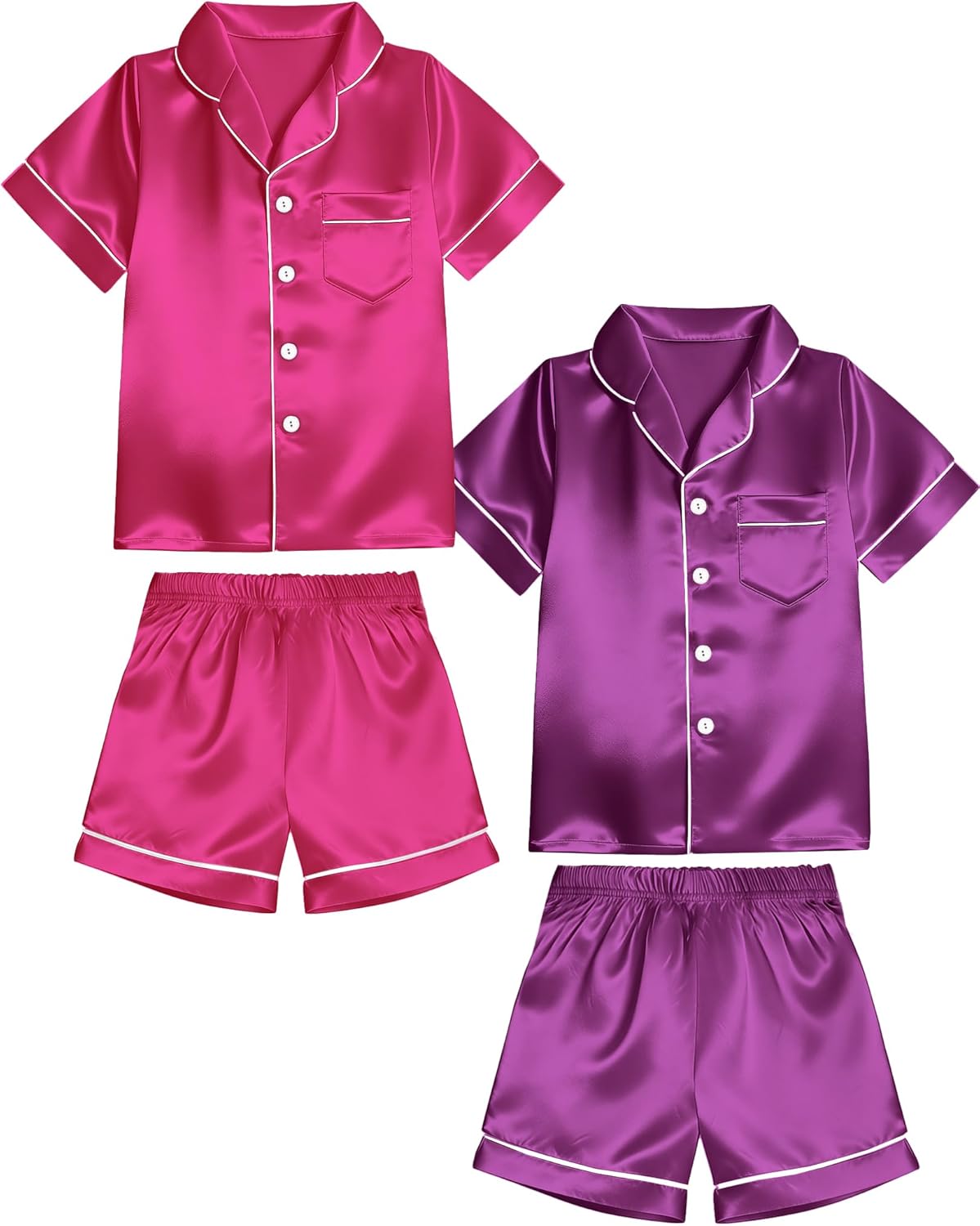Girls Pajamas Silky Sets 2 Packs, Soft Satin Boys Kids Summer Pjs, Short Sleeve Button Down for Birthday Gift, 5Y-14Y