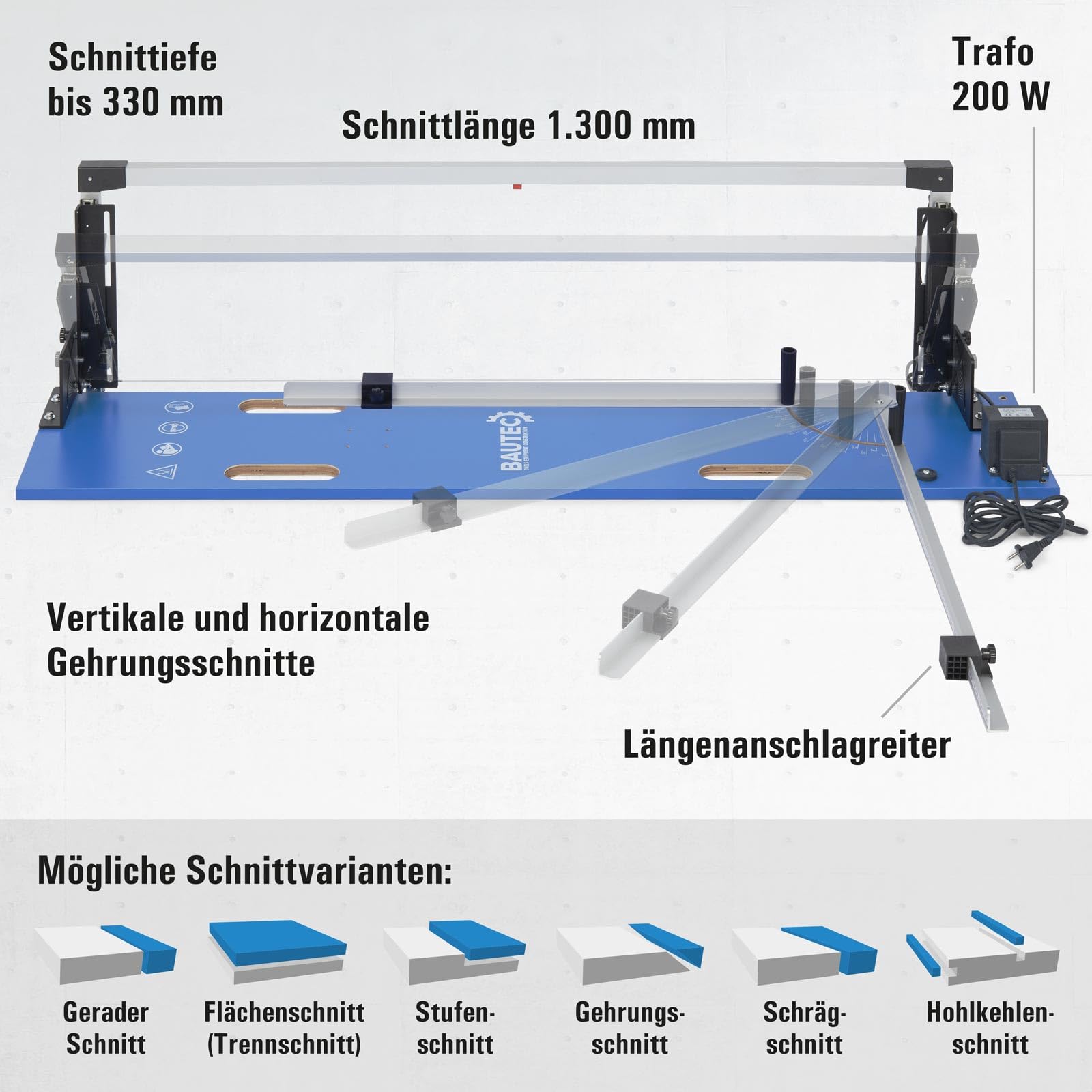 BAUTEC Styroporschneider GAZELLE Modell 2 "Tischgerät" » 200 Watt / 1.300mm » Starter-Set inkl. 10 Schneidedrähte, Gerüsthalterung » Heißdrahtschneider
