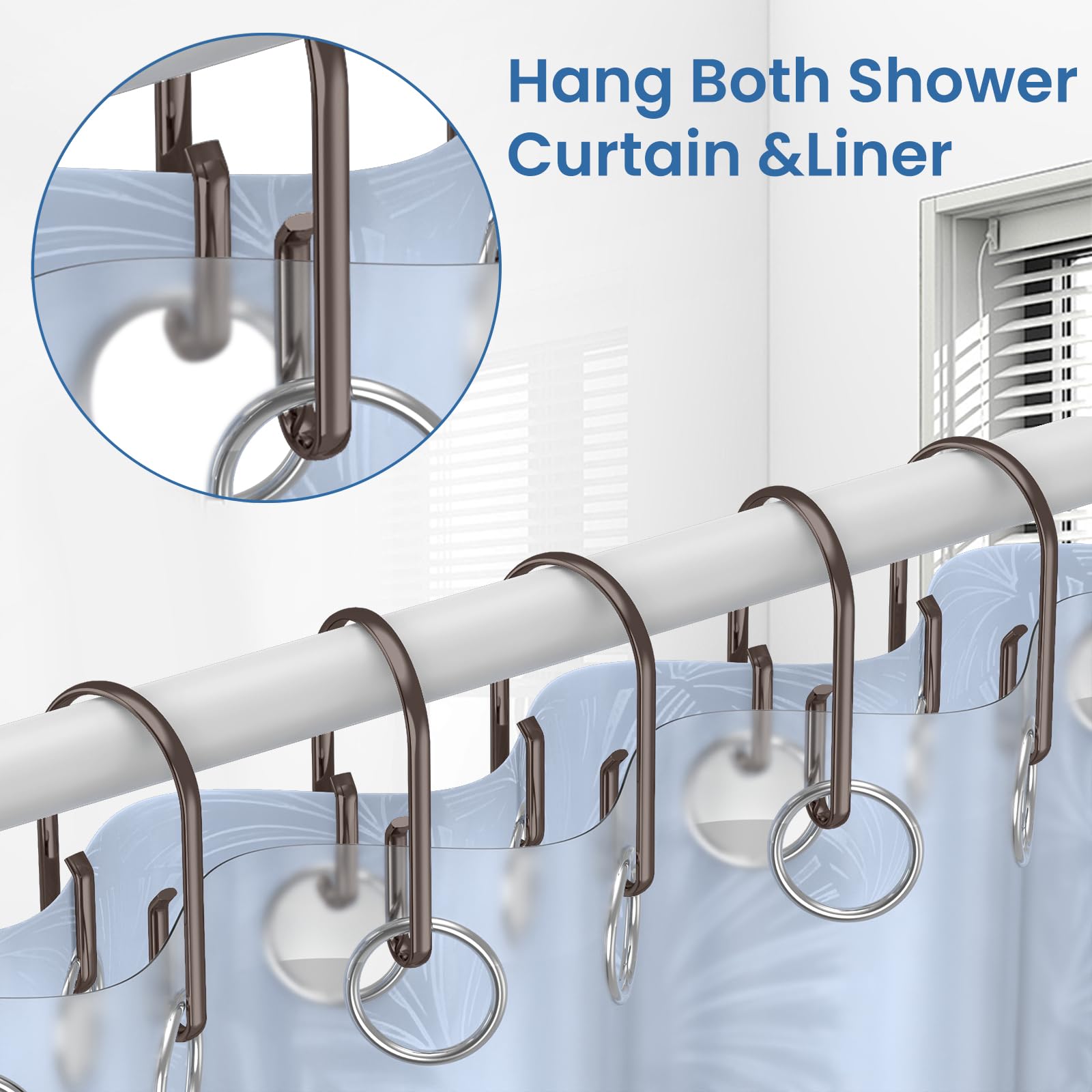 Lot de 12 crochets de rideau de douche en bronze, double face antirouille, pour douche intérieure, anneaux de douche doubles coulissants anti-chute pour rideau de douche