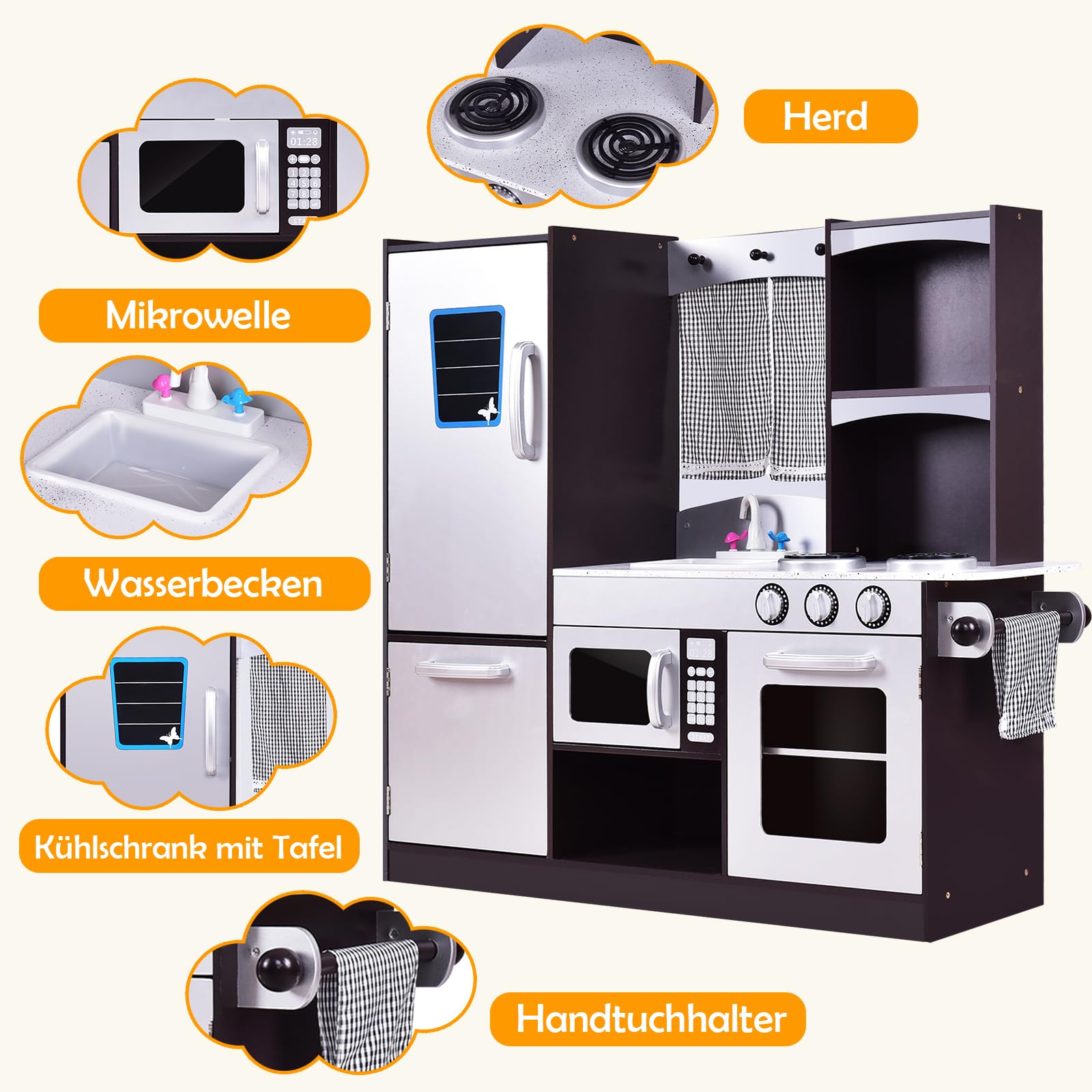 DREAMADE Moderne Kinderküche mit Spüle Herd Backofen Kühlschrank Mikrowelle, Kinderspielküche, Spielküche aus Holz für Kinder ab 3 Jahren kaffeebraun