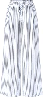 PRETTYGARDEN Womens Pants Elastic Waist Striped Lightweight Palazzo Pant | Casual Lounge Wide Leg Pants Woman with Pockets, Floral Print, Gingham Textured Cute Pants, Drawstring, Flowy Summer Outfits