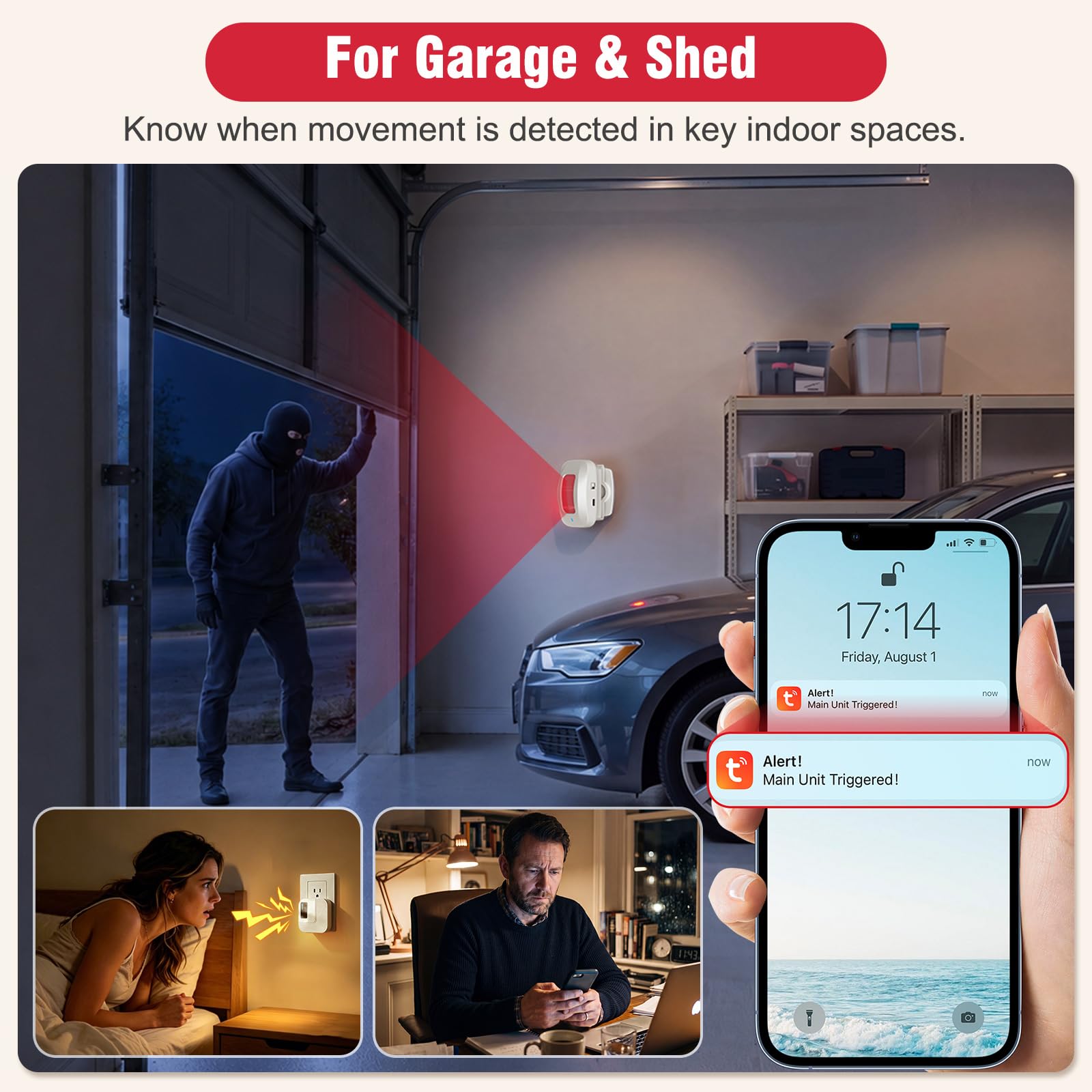 Sanjie Tuya - Allarme con sensore di movimento WiFi, rilevatore di movimento PIR con notifica del telefono, rilevatore di movimento a infrarossi wireless con app di monitoraggio remoto, sensore di