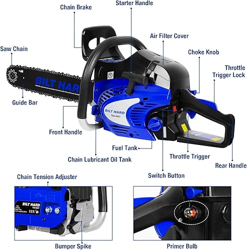 Miniatura 6 de Motosierra de gas de 18 pulgadas, motosierra de gasolina de 46 cc y 2.4 HP con engrasador automático, motor de 2 ciclos, motosierras de gasolina de