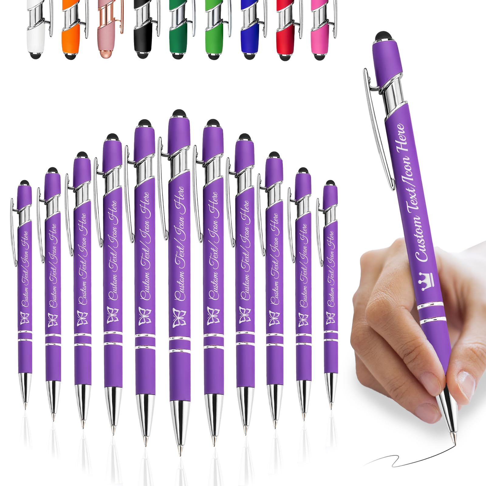 YoLLiEE 12 Pcs Personalized Pens with Name Bulk Custom Black Ink Pens with Stylus Customized Engraved Ballpoint Pens with Logo Business Smooth Writing