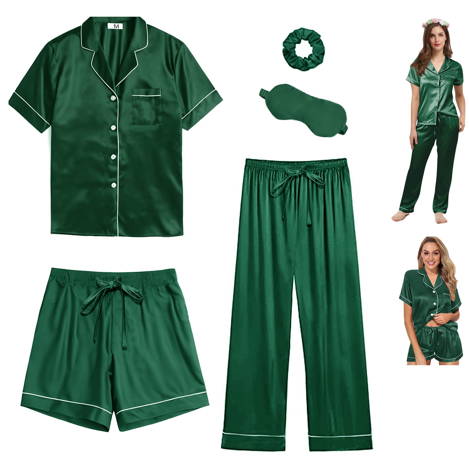 Y WJing Yi Jia 5Pcs Womens Silk Satin Pyjama Sets Short Pj Sets Button Down Pjs Set Pyjamas Sleepwear Loungewear