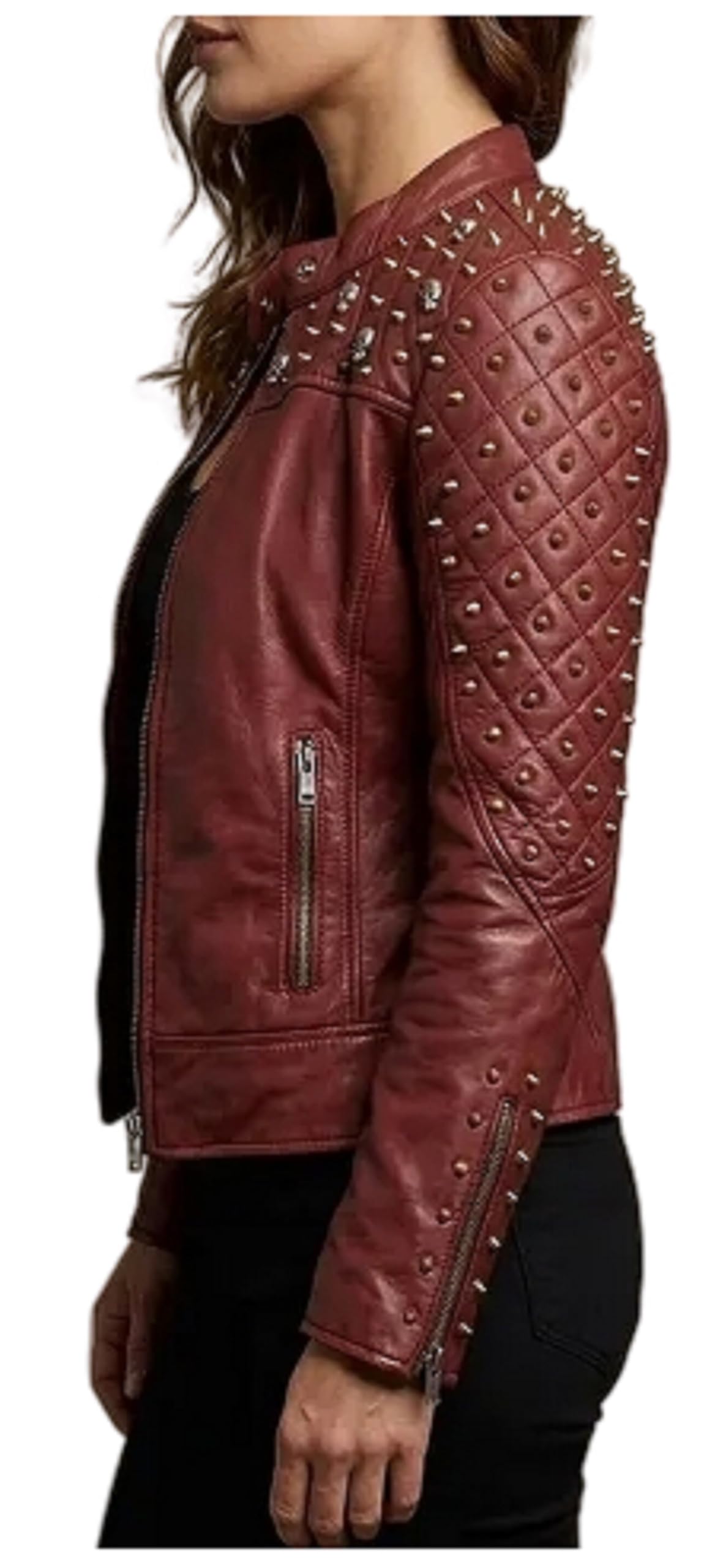 Chaqueta de motociclista de cuero clásica roja con tachuelas para mujer, estilo Moto Punk acolchada con detalles de pinchos