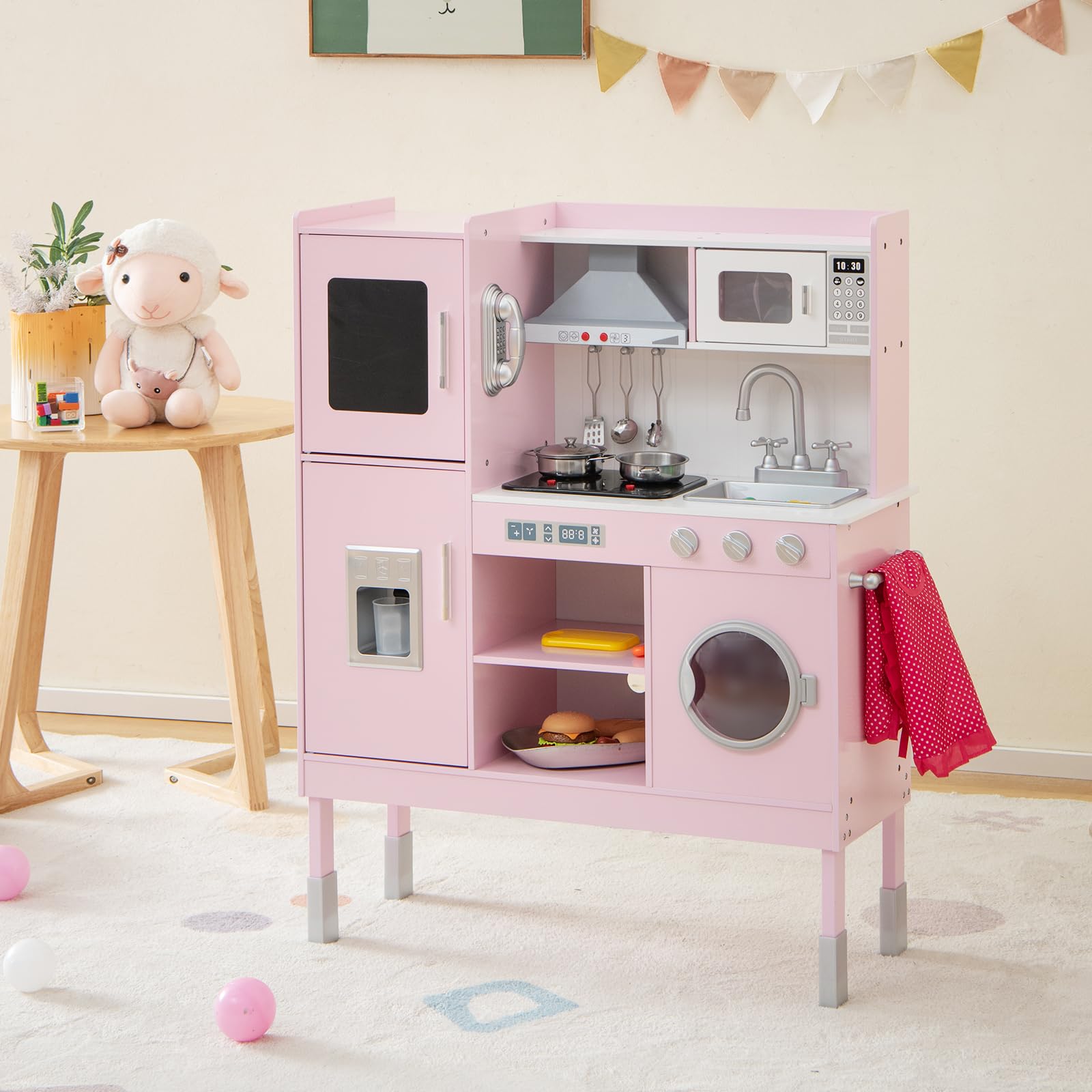 RELAX4LIFE Cucina Giocattolo in Legno per Bambini, Mini Cucina con Luci e Suoni Reali, Altezza Regolabile 97/101/103cm, Set di Cucina per Bambini 3-8 Anni (Lussuosa)