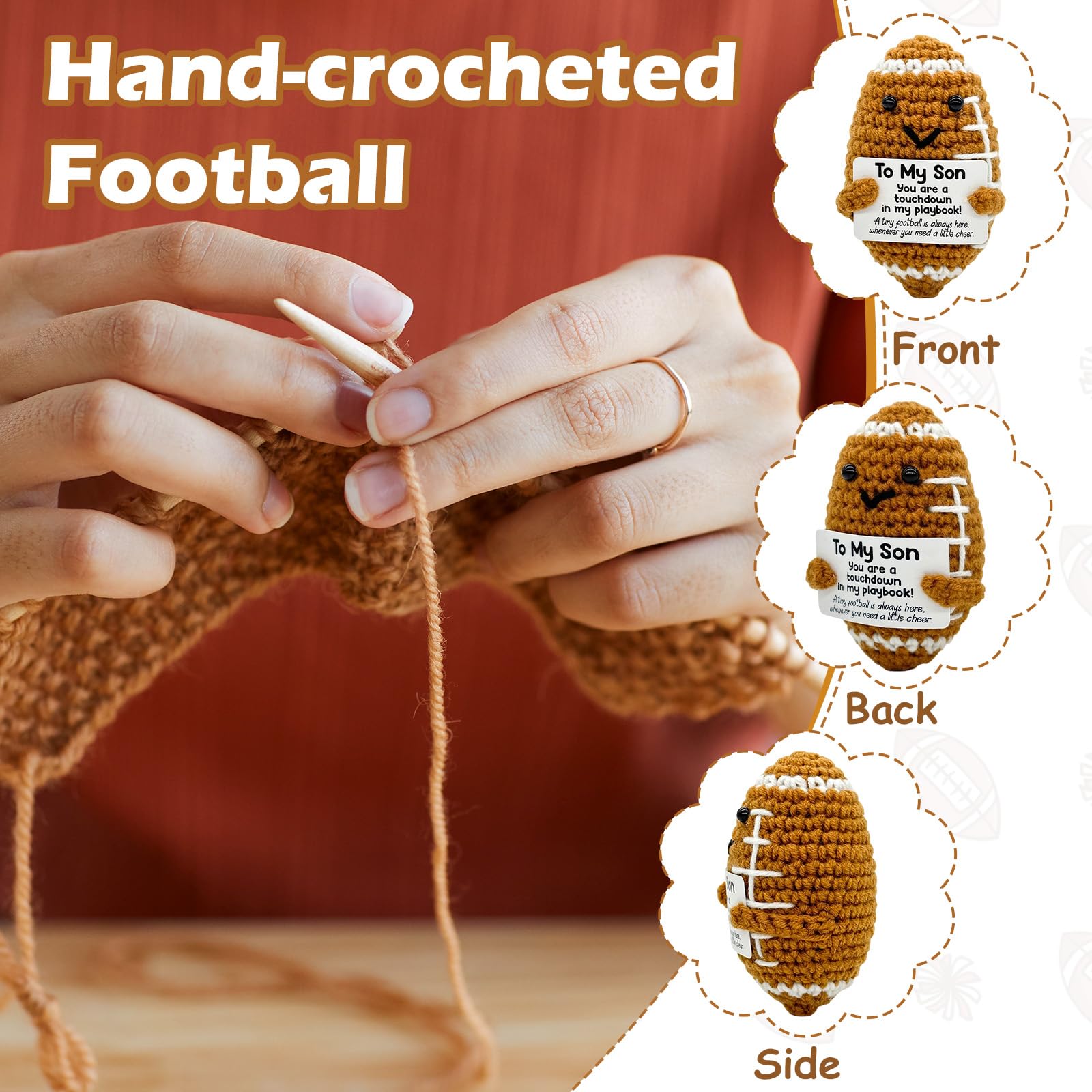 Qubitly 1Pc Handmade Son Gift Positive Crochet Football, Encouraging Rugby Doll With Card - Image 3