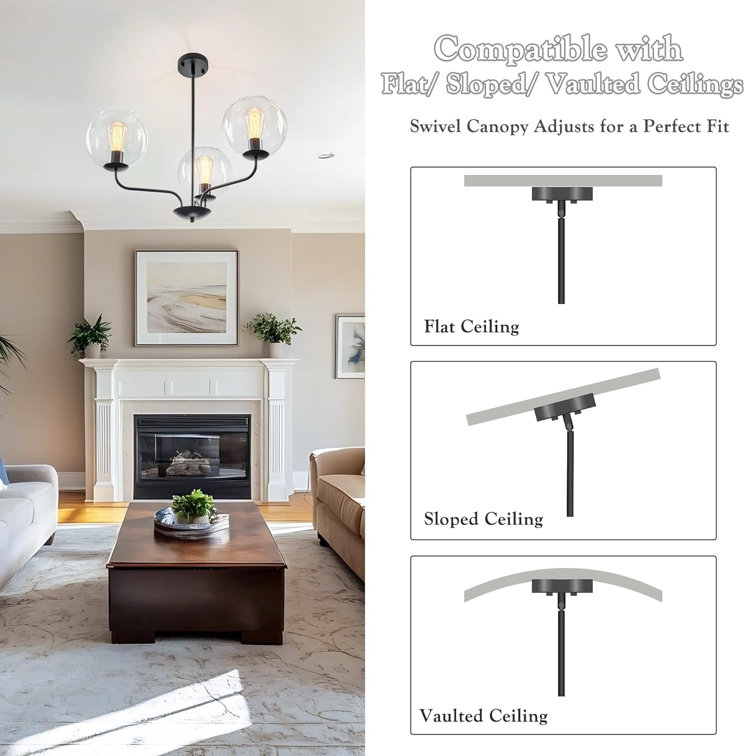 Classic 3-Light Black Chandelier with Upward U-Shaped Arms, Modern Vintage Pendant Lighting with Clear Glass Globes, Ceiling Light Fixture for Dining Room, Living Room, Hallway