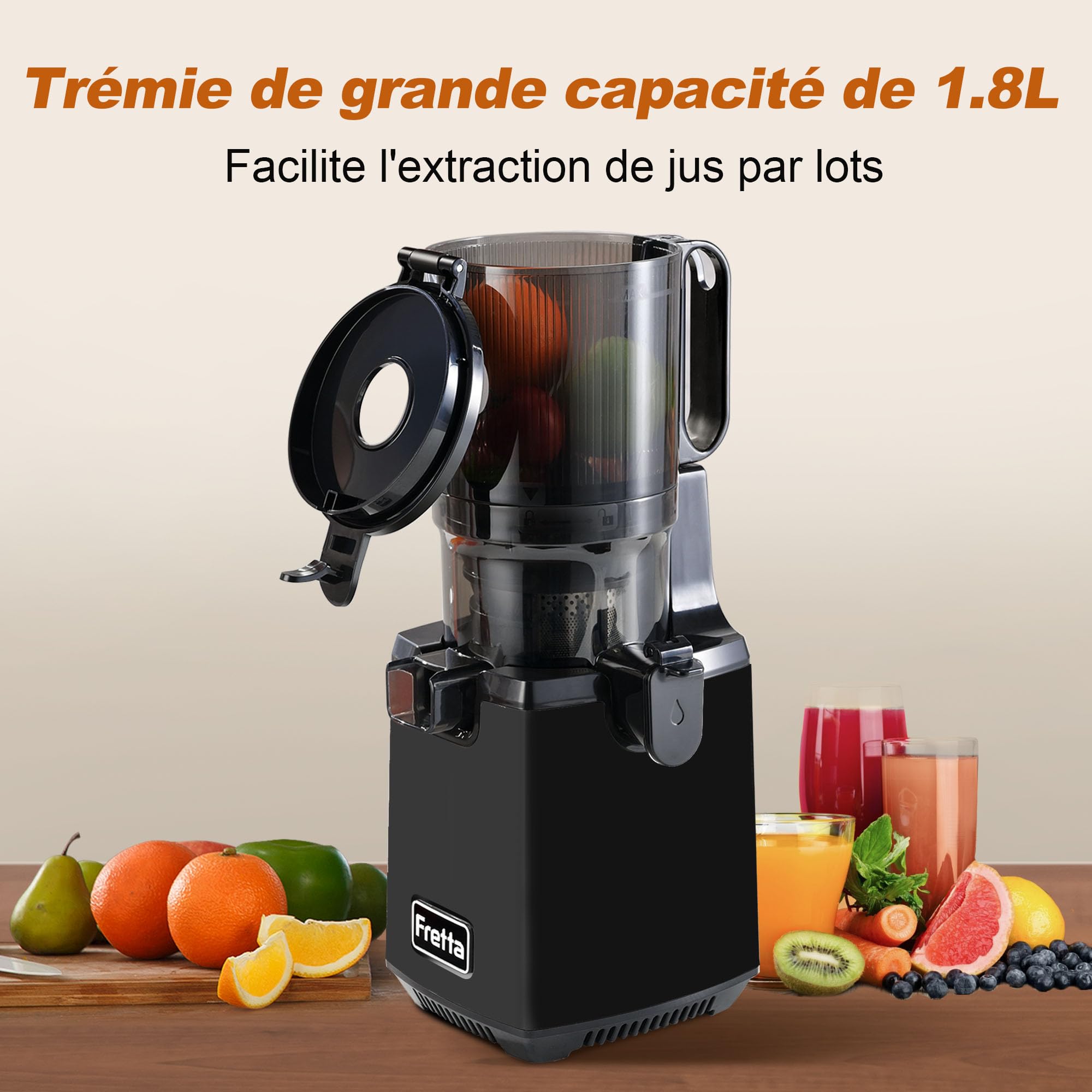 Fretta Extracteur de Jus à Mastication Lente, Grande Goulotte 135mm, Presse-agrumes Automatique 250W, Sans BPA