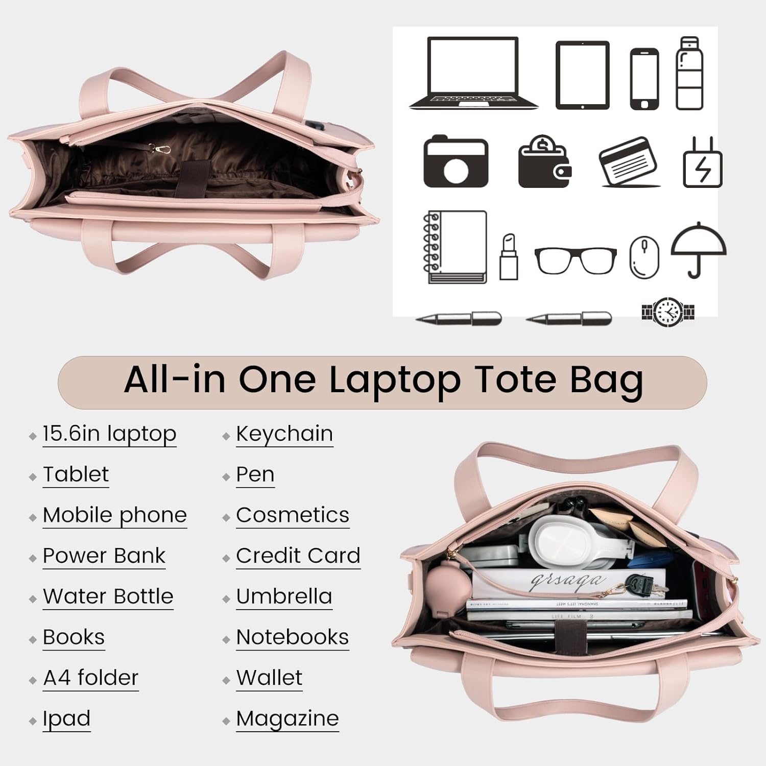 LOVEVOOK Laptop Bag for Women 15.6 Inch Laptop Tote Work Professional Leather Computer Briefcase Waterproof Handbag Shoulder Large Capacity Business Teacher Office Bag Crossbody Purse,Pink - Image 3