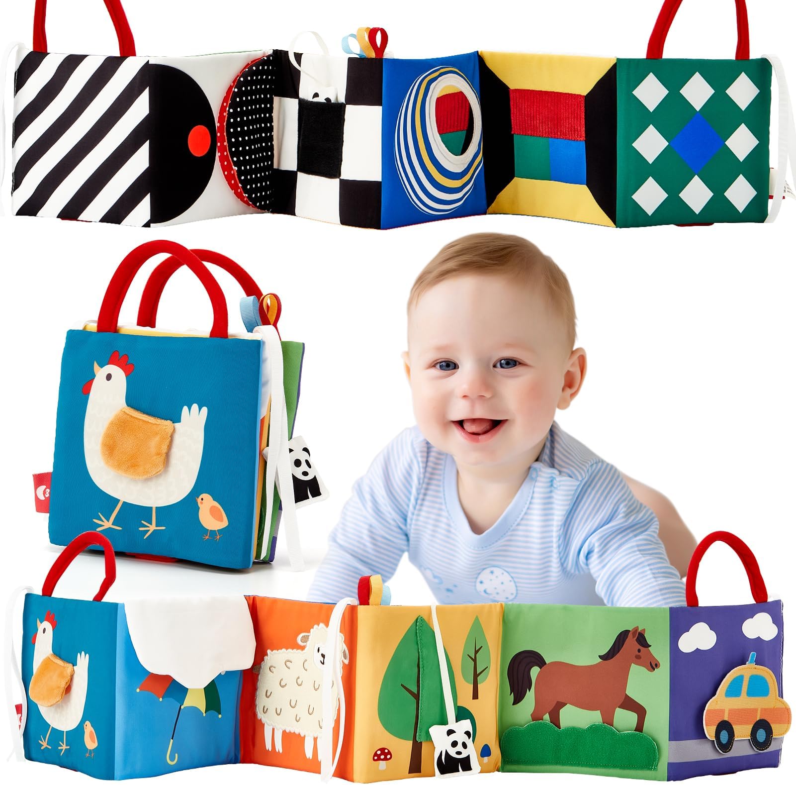 hahaland Baby Sensory Toys 0-6 Months Black and White High Contrast Tummy Time Toys - Soft Books with Mirror Crinkle Books Folding Touch Feel- Newborn Pram Toys Boys Girls Gifts 0-3 6 9 12 18 Months