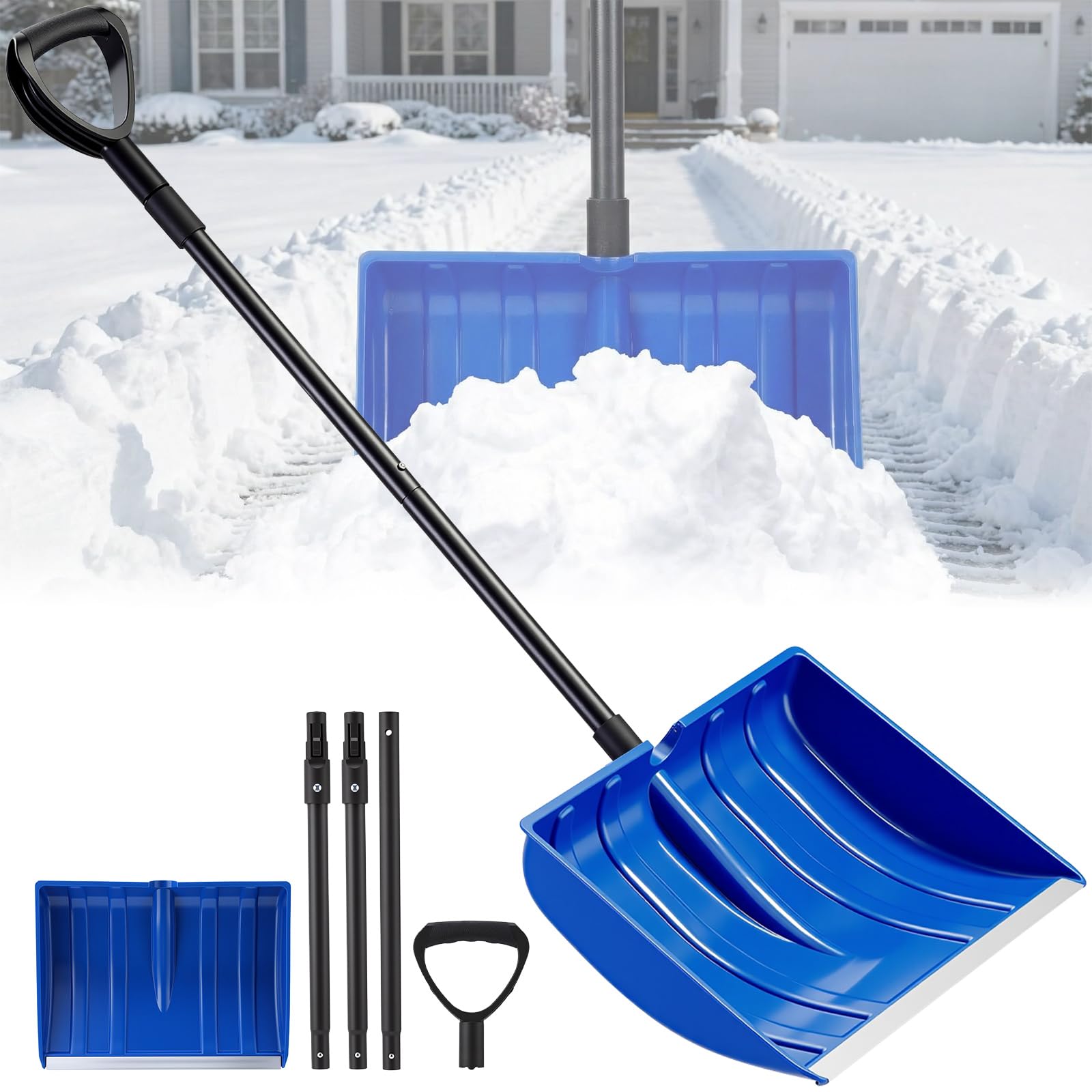 Therwen Pelle à neige pour allée avec bande d'aluminium, 132 à 167 cm, longueur réglable, amovible, grande pelle à neige avec poignée en D, outil de pelle portable pour la maison, le garage, le jardin
