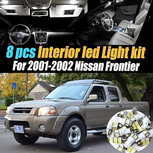 Paquete de 8 luces LED para interior de automóvil, color blanco estupendo, 6000 K, compatible con Nissan Frontier 2001-2002