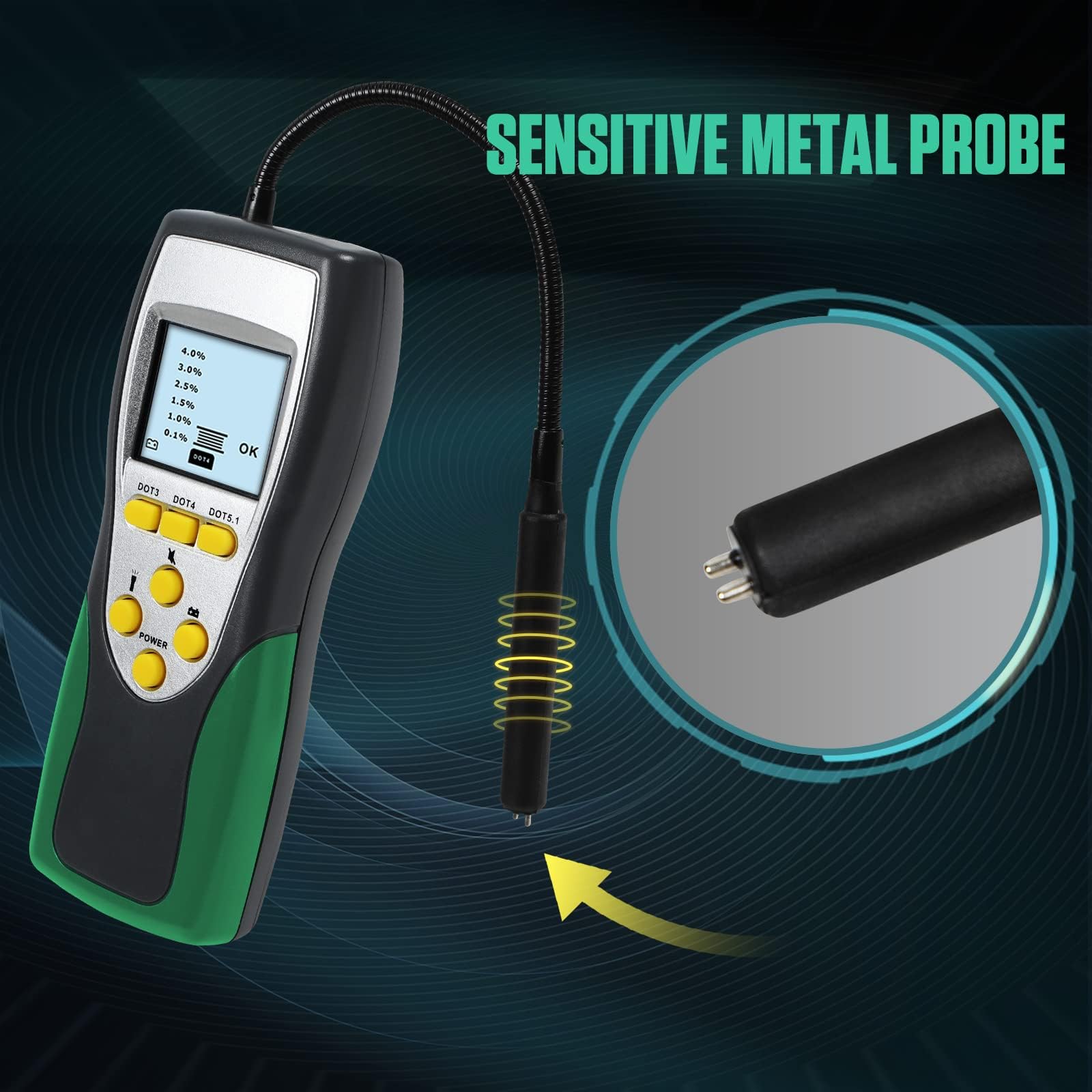 Tester Fluido Freni Auto DOT3 DOT4 DOT5.1 Display LCD 2.2" Brake Fluid Tester con Sonda 250 mm