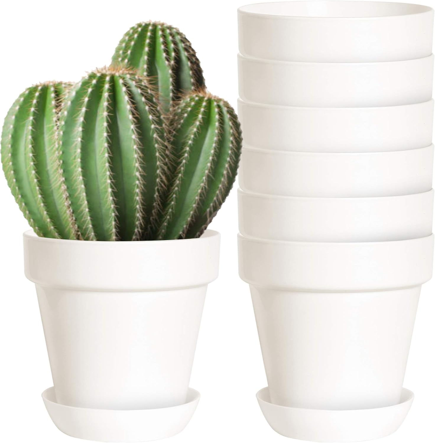 Youngever 8 Pack 5.5 Inch Plastic Planters Indoor Flower Plant Pots, Classic Decorative Gardening Pot with Drainage Holes (White with Saucers)