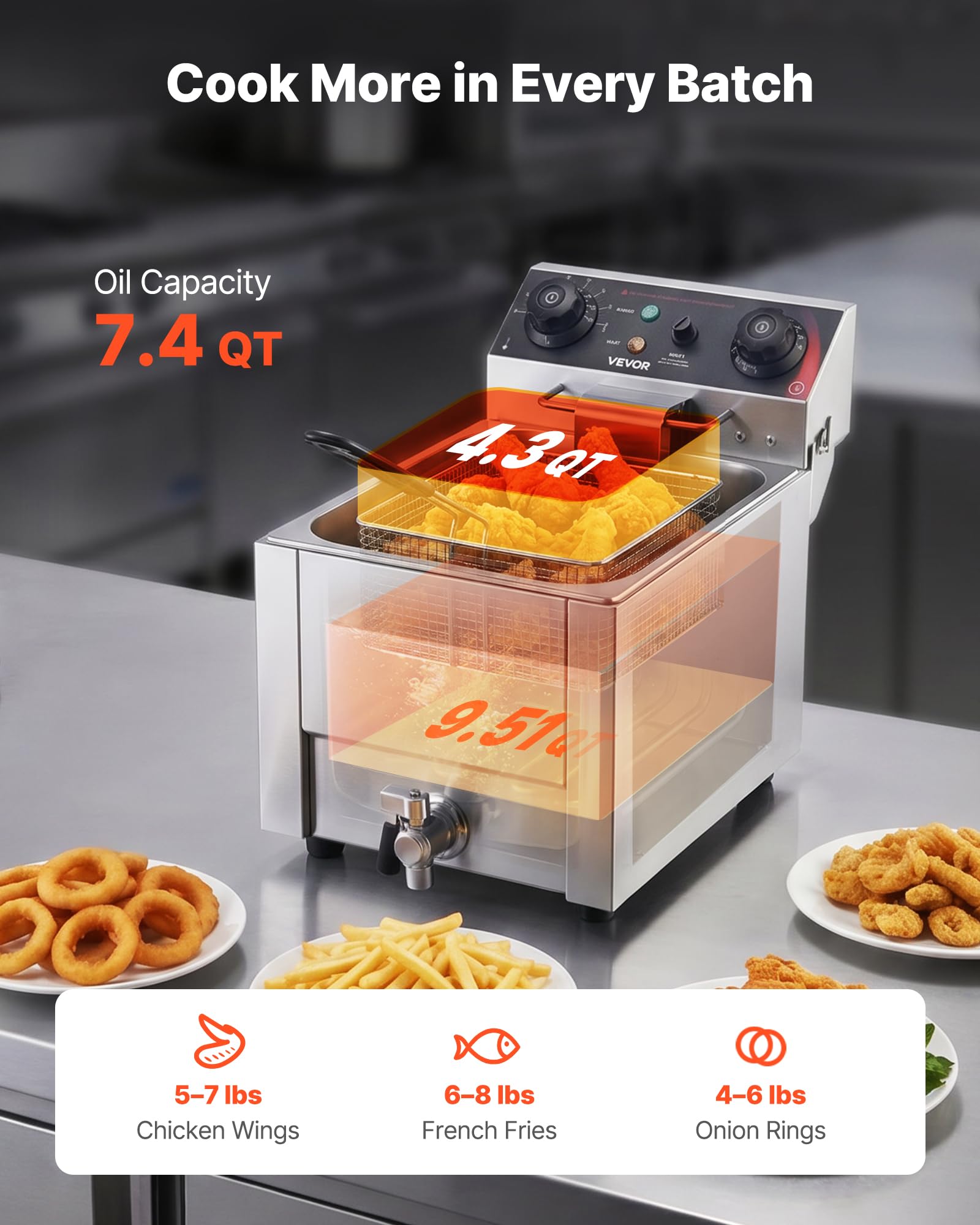 VEVOR Friggitrice Elettrica in Acciaio Inox, Friggitrice con Sistema di Filtraggio dell'Olio Capacità Olio 6,8 L 2500 W da Banco con Cestello Coperchio, Controllo Temperatura Valvola di Scarico Olio