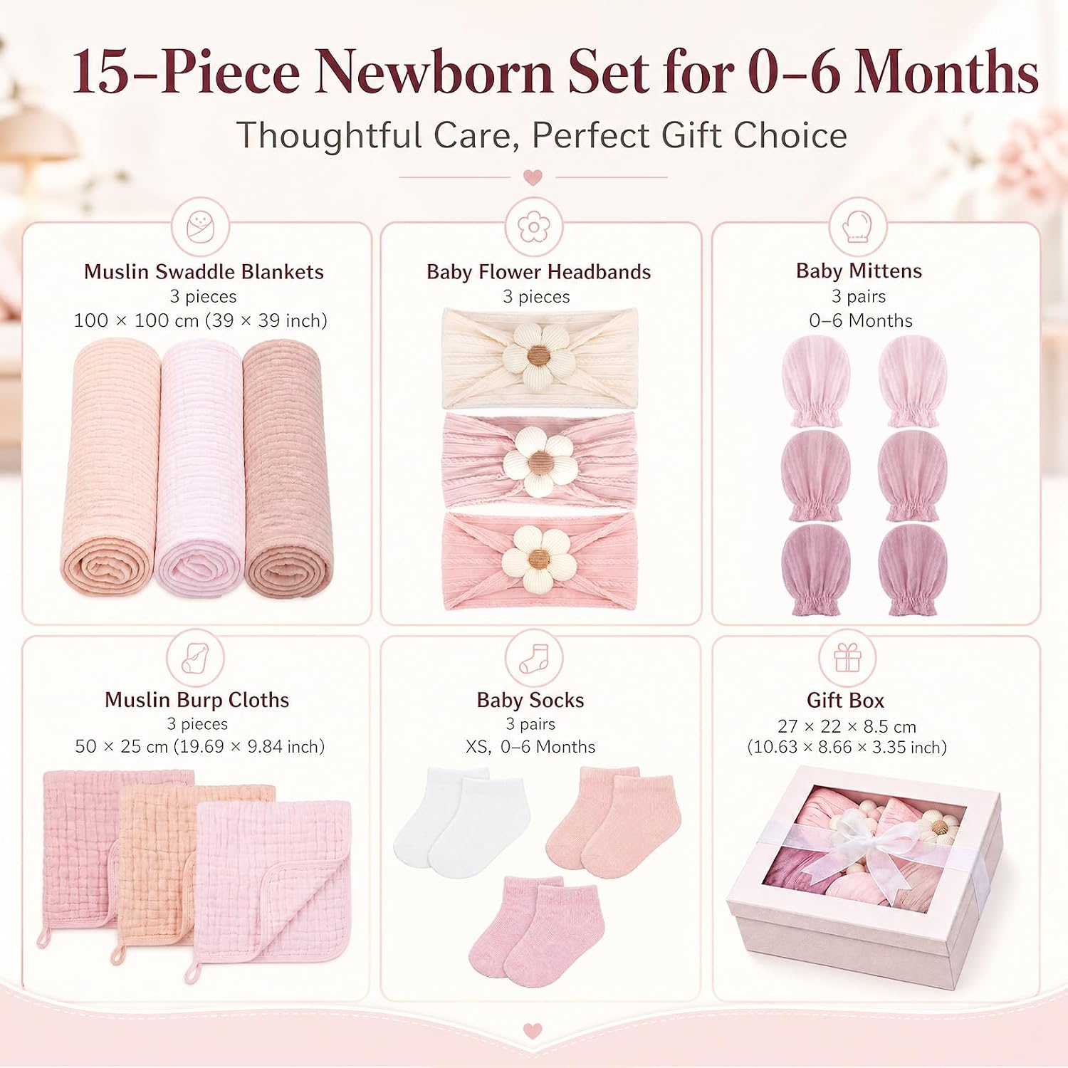 Ramede 15 Pcs Pink Muslin Newborn Swaddle Gift Set for Baby Girls, Soft Muslin Swaddle Blanket Wraps Set with Headbands, Socks & Bibs, Baby Shower Box for Boys, 0-3 Month Newborn Must Have Gift (Pink)