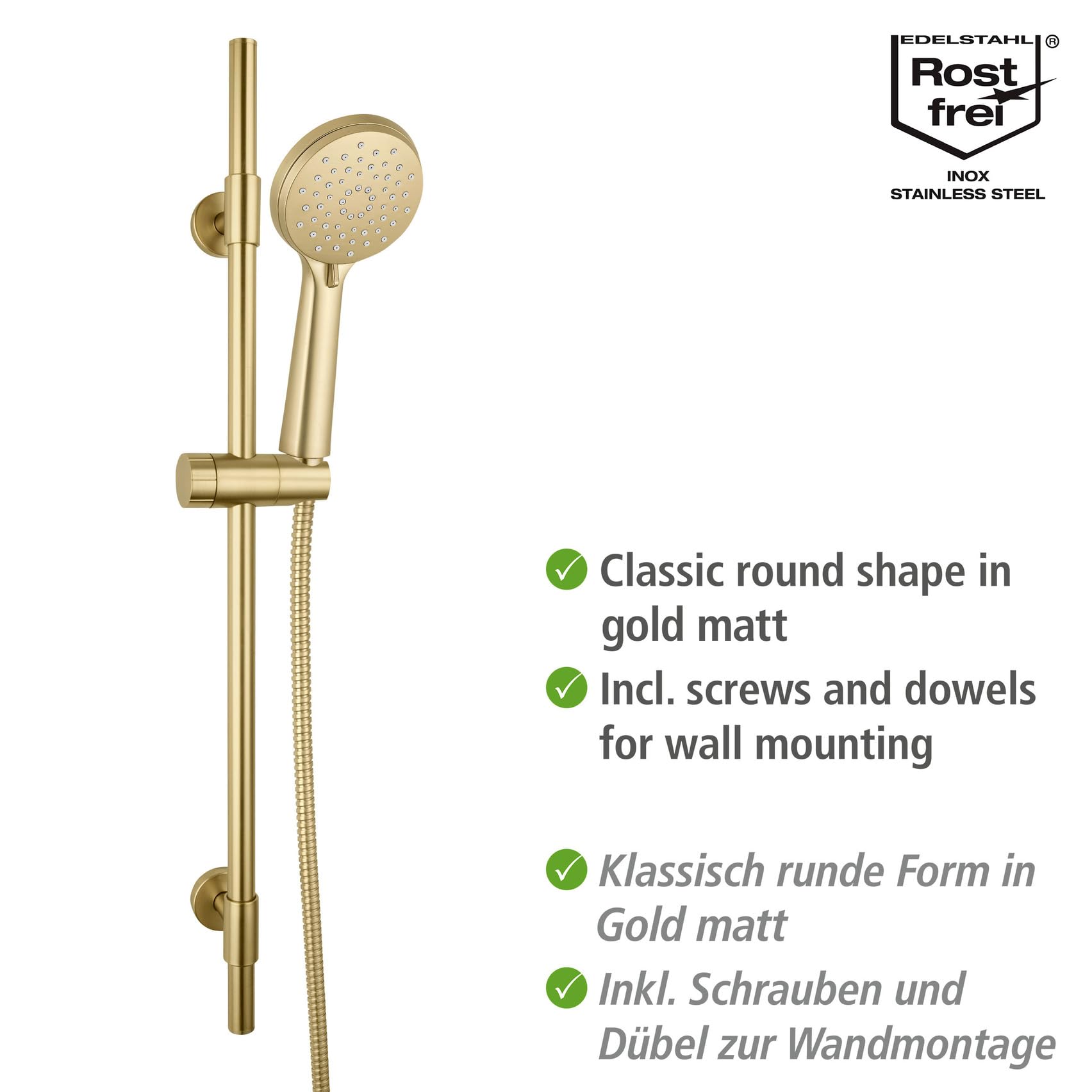 Wenko | Douche-stange inox Ø10 cm, 66 cm fixe et 150 cm flexibles, or mat