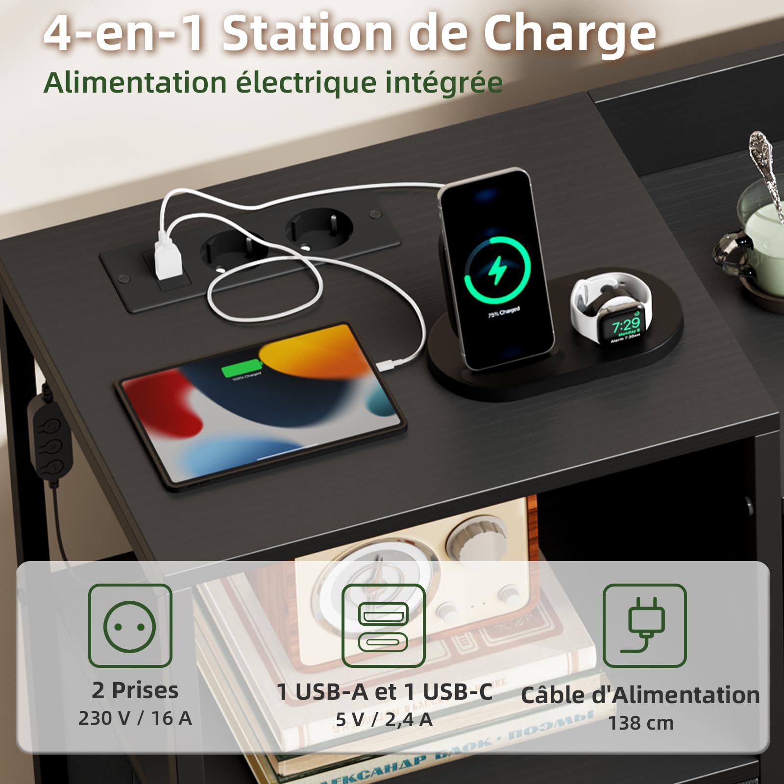 Somdot Commode Chambre Connectée, Commode LED par APP ou Button avec Station de Charge, Meuble de Rangement en Tissu, Dortoir, Salon, Entrée, 8 Tiroirs, Noir