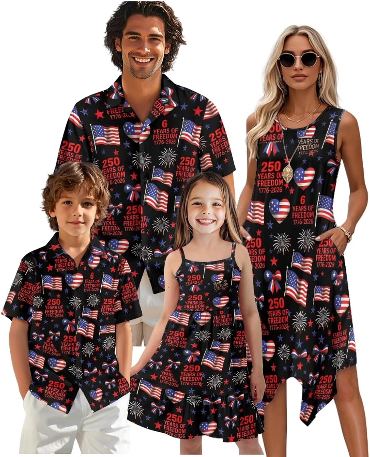 Family Matching Outfits - Graphic Summer Button Down Shirt & Sleeveless Dress for Patriotic Family Reunions