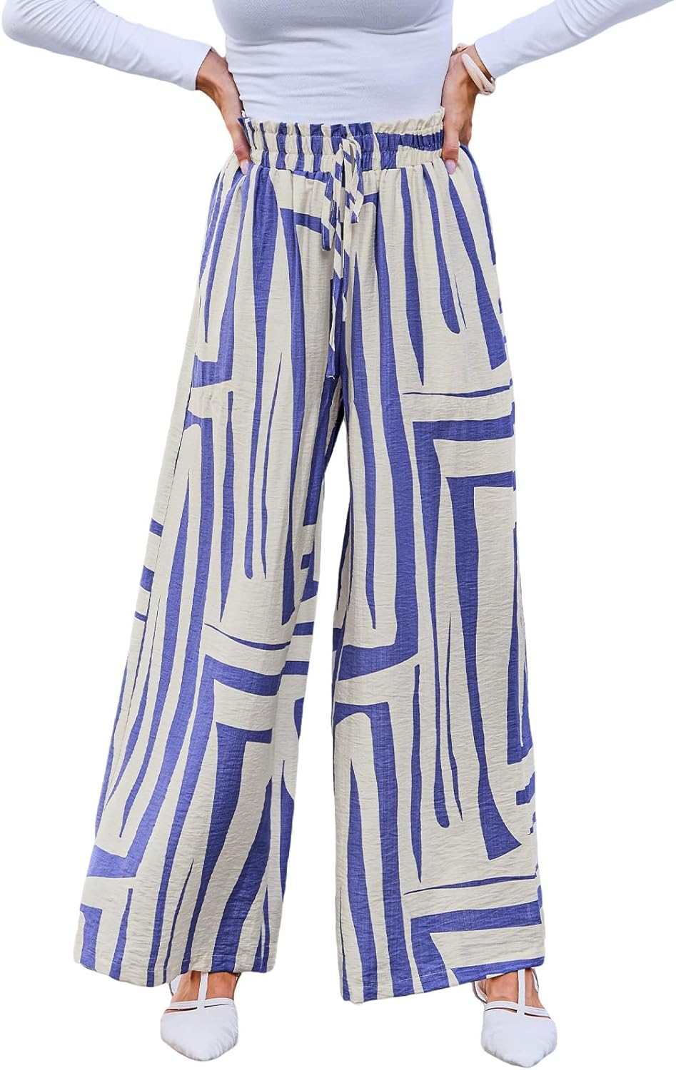 CUPSHE Women Pants Floral Pockets Waist Wide Leg Ruffle Loose Fit Pant Casual Beach 2025 Trendy Dressy Summer
