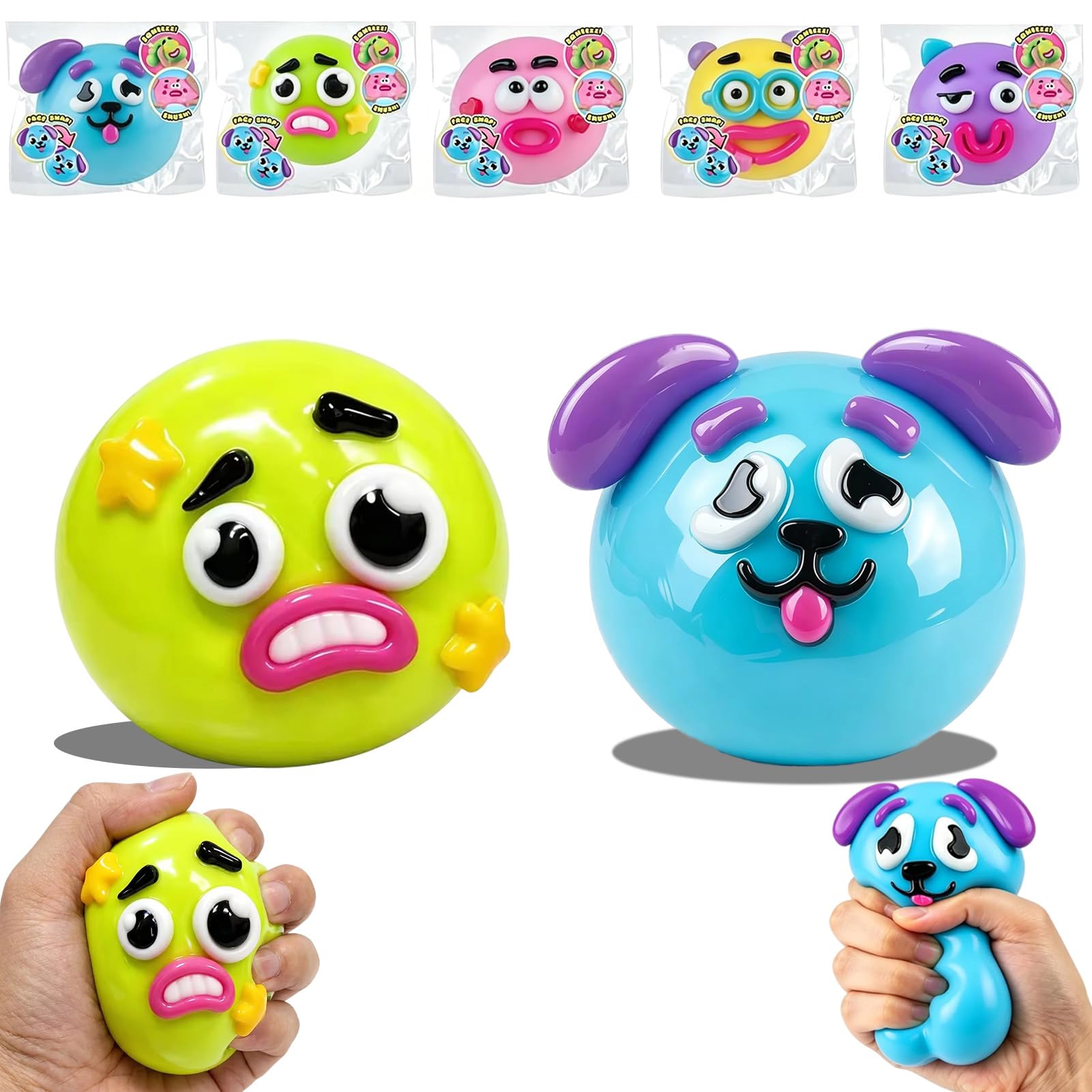 Amycute Smushers Squishy Stress Relief Squeeze Balls, Cute Animal Funny Face Fidget Toys, Soft TPR Anxiety Relief Toys for Kids & Adults, Sensory Toys for Party Favors Classroom Rewards(Green+Blue)