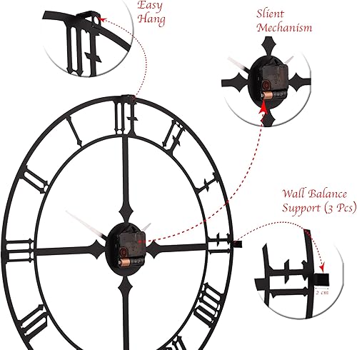 Miniatura 28 de Reloj de pared de metal de 20 pulgadas, redondo, silencioso, moderno, analógico, grande, funciona con pilas, reloj de pared para sala de estar, Negro