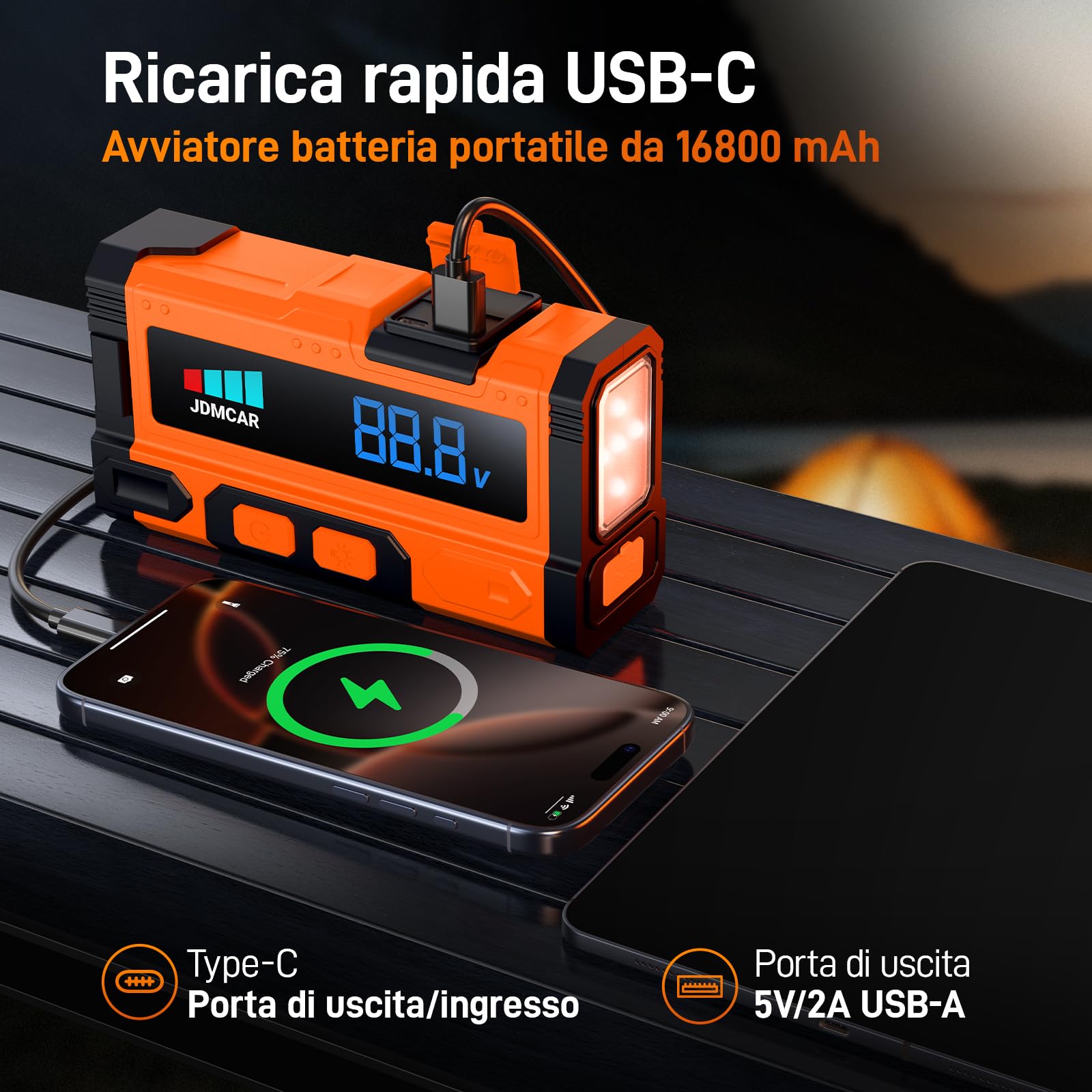 JDMCAR Booster Avviamento Auto - Upgrade 7000A Avviatore Batteria Auto, Starter Batteria Auto Portatile con LED/LCD, Avviatore di Emergenza per Auto/Moto (Fino a 9.0L e Diesel fino a 8.5L) - 5