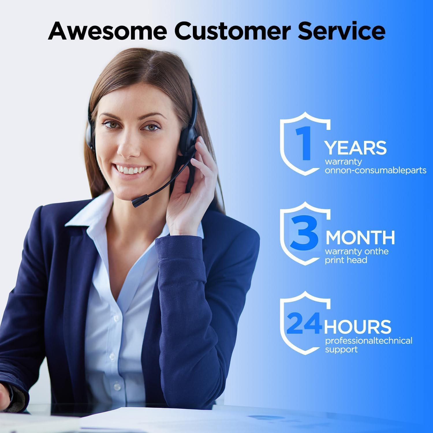 Customer service representative with text indicating 1 year warranty on non-consumable parts, 3 month warranty on printhead, and 24 hours professional technical support.