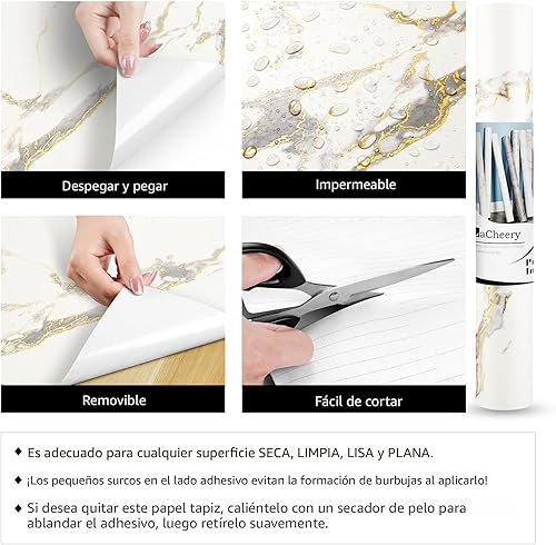 Miniatura 7 de LACHEERY Papel adhesivo de mármol blanco grueso para encimeras, papel adhesivo impermeable, para despegar y pegar para armarios, papel tapiz