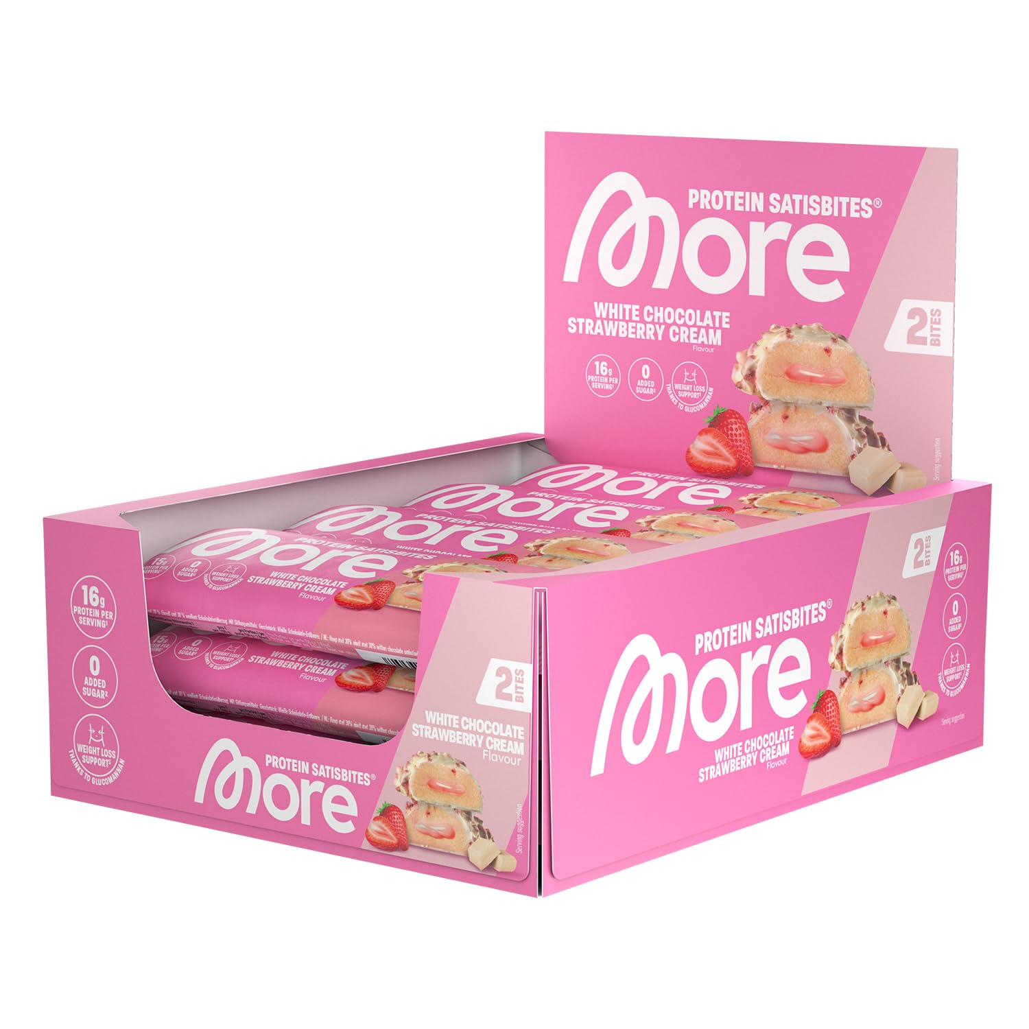 MORE Protein Satisbites, 12er Box Proteinriegel, 12 x 2 x 25 g, White Chocolate Strawberry Cream, bis zu 16 g Protein pro Portion, ohne Zuckerzusatz, made in Germany