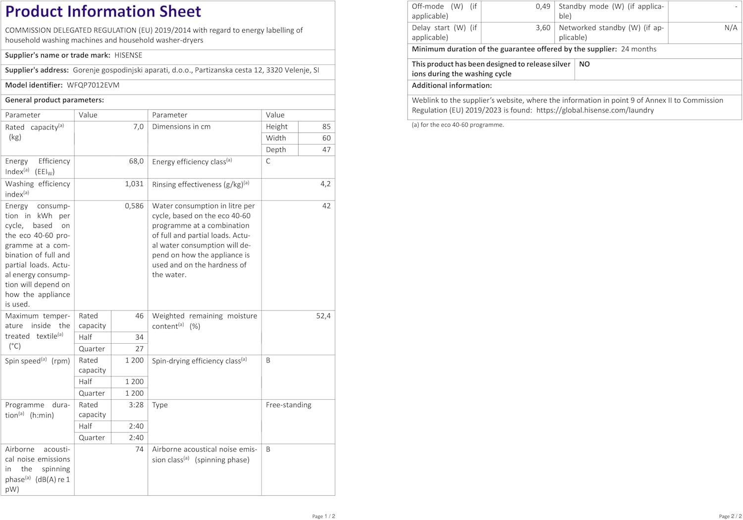 Hisense WFQP7012EVM Energy Label