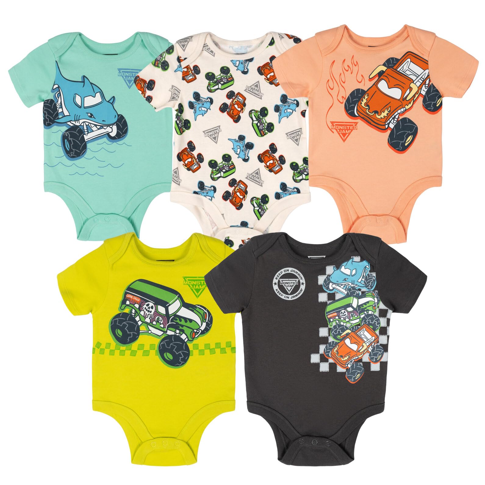 Monster Jam Baby 5 Pack Bodysuits Newborn to Infant Grave Digger El Toro Loco Megalodon