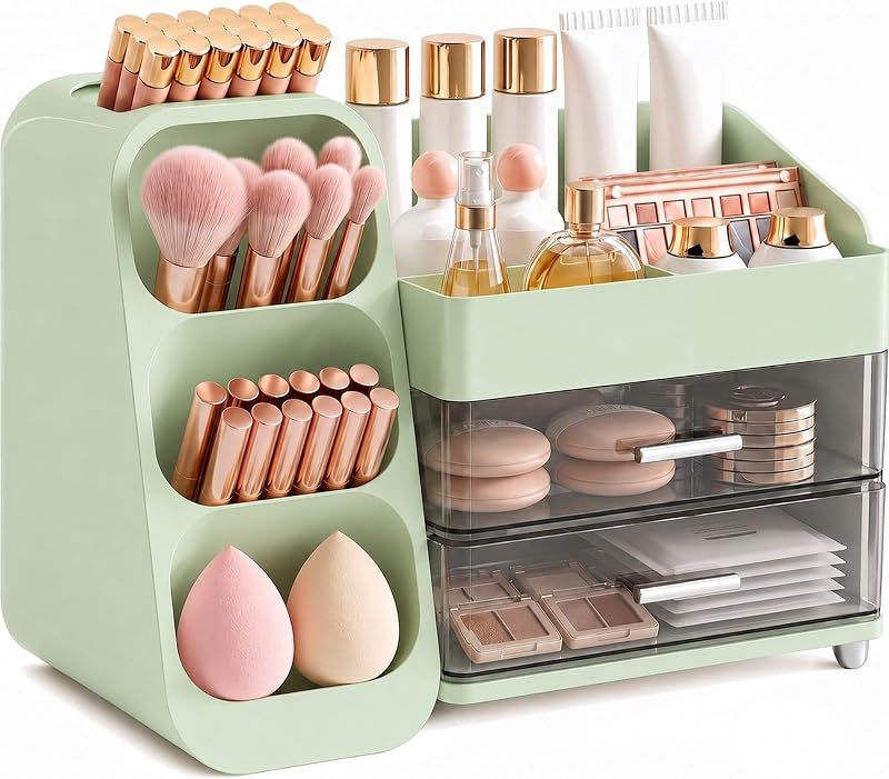 Organizador de Maquiagem KQJS para Bancada Verde com Porta-pincéis e 2 Gavetas