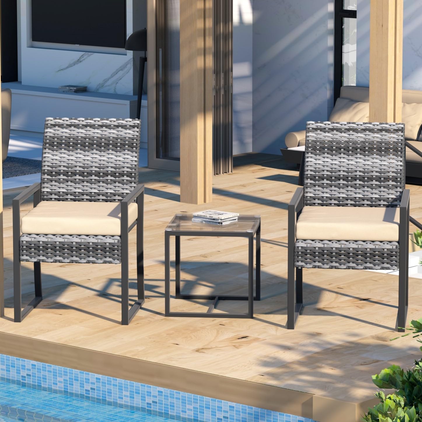 3-Piece Outdoor Patio Furniture Set, 2 PE Rattan Wicker Chairs with Beige Cushions & Glass Side Table, All-Weather Conversation Bistro Set for Backyard, Balcony, Deck (Gray-Black)