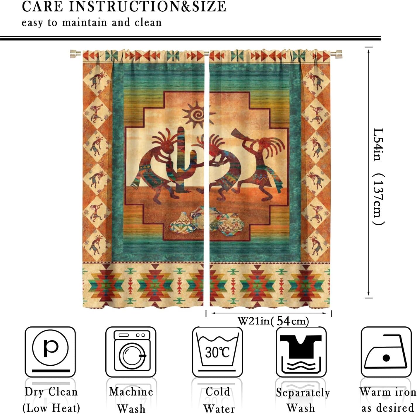 Kokopelli Blackout Curtains, Southwestern Native Window Drapes, Aztec Ethnic Print Pattern Thermal Insulation Window Treatments for Living Room Bedroom Kitchen Office 42x54 Inch