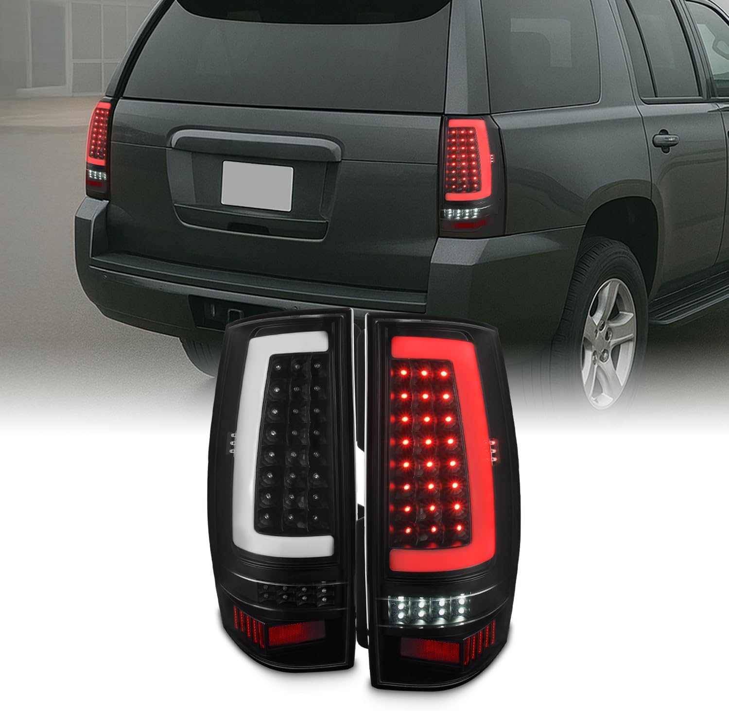 AKKON - Fits 2007-2014 Chevy Suburban Tahoe GMC Yukon XL Full LED C-Tube DRL Running Signal Black Tail Brake Lights Pair