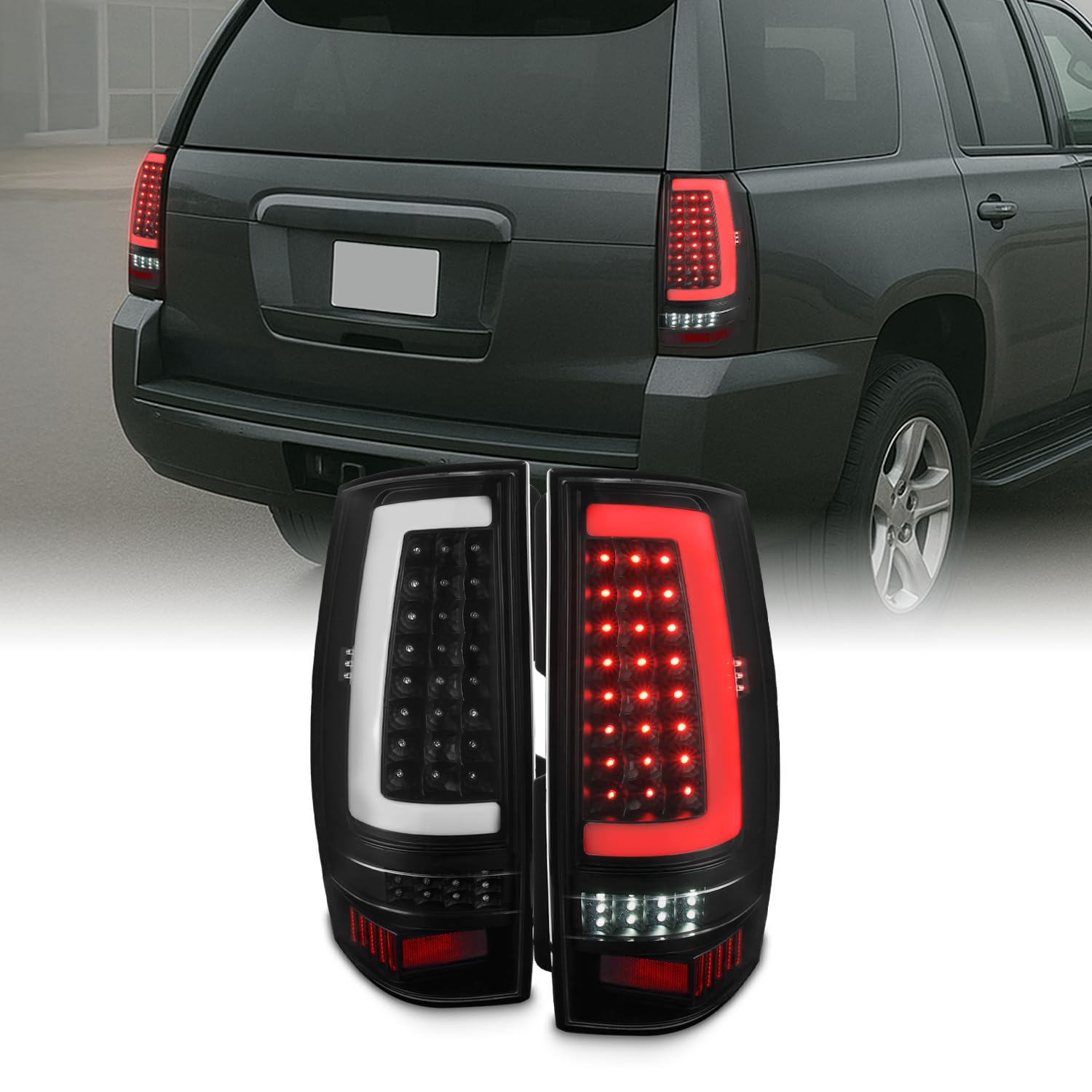AKKON - Fits 2007-2014 Chevy Suburban Tahoe GMC Yukon XL Full LED C-Tube DRL Running Signal Black Tail Brake Lights Pair