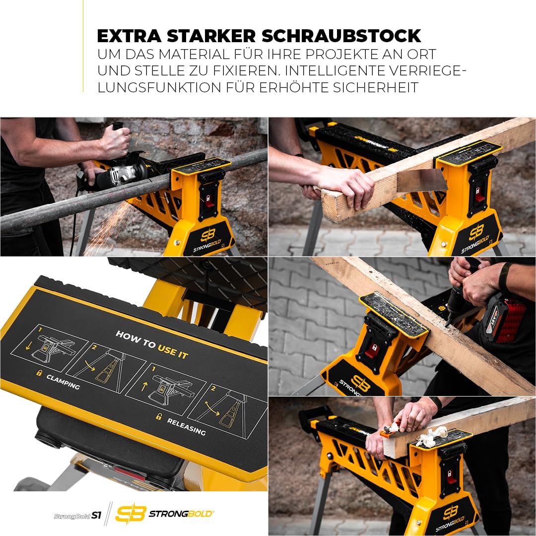 S1 Mobiler Spannbock - Werkbank klappbar mit Schraubstock, 10 kN Spannkraft, 95 cm Spannweite, 250 kg Tragkraft, mit Fußpedal für sichere Bedienung
