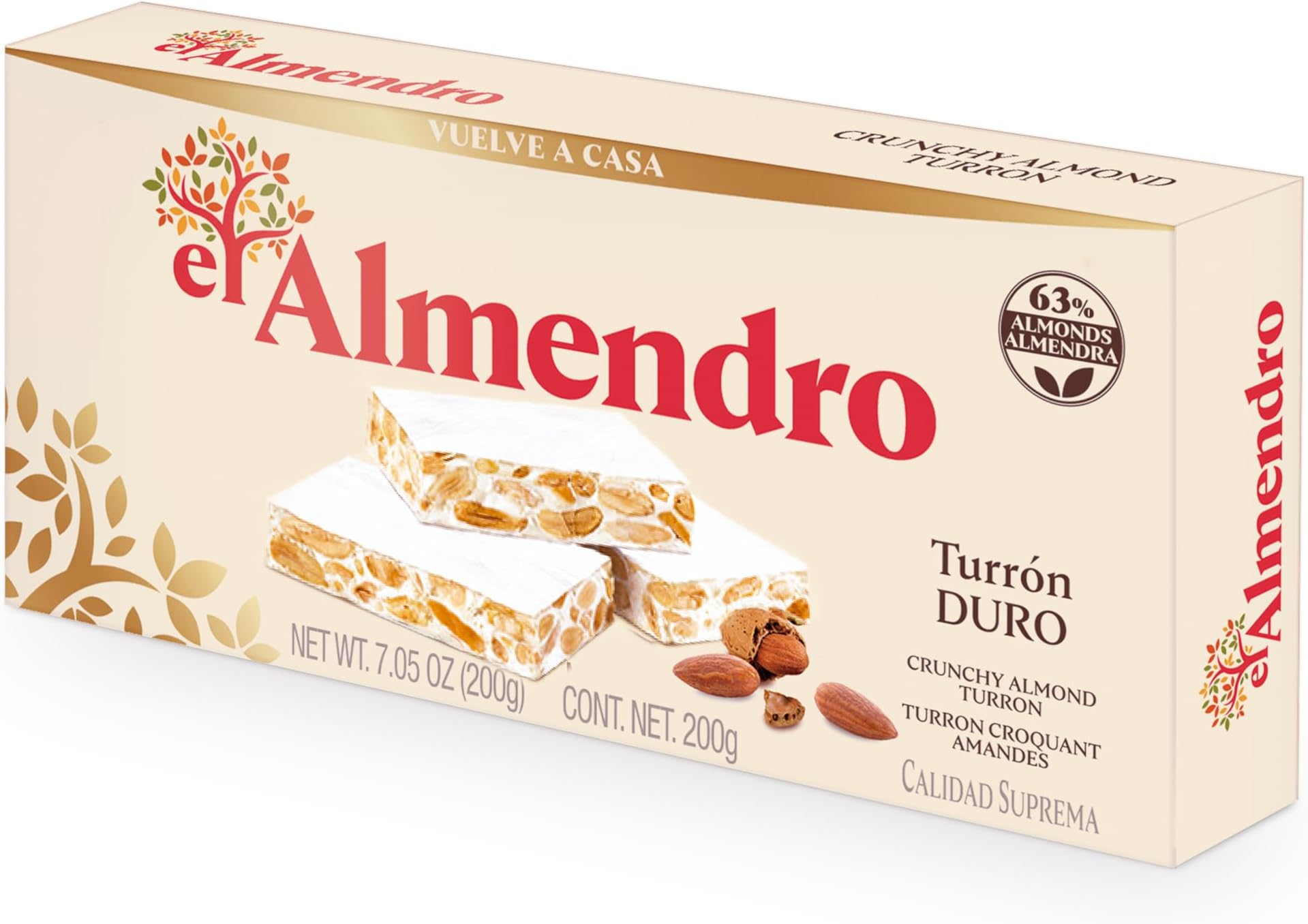 El Almendro Turrones, Turron Duro Nougat Christmas Candy, Crunchy Almond Torrone From Spain, Traditional Spanish Brittle, Holiday Dessert, Gluten Free, 1 Box, 7oz.