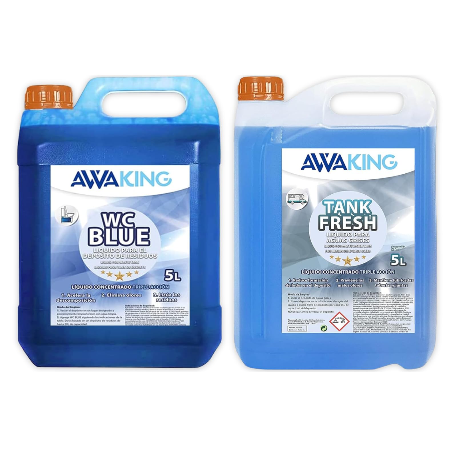 Liquido WC Quimico WC Blue 5L + Tank Fresh 5L,Aditivo para Aguas Negras y Aguas Grises, Caravanas,Depósito Residuos Autocaravanas,Sanitary Fluid,Concentrado,Líquido Potty,WC Quimico Autocaravanas