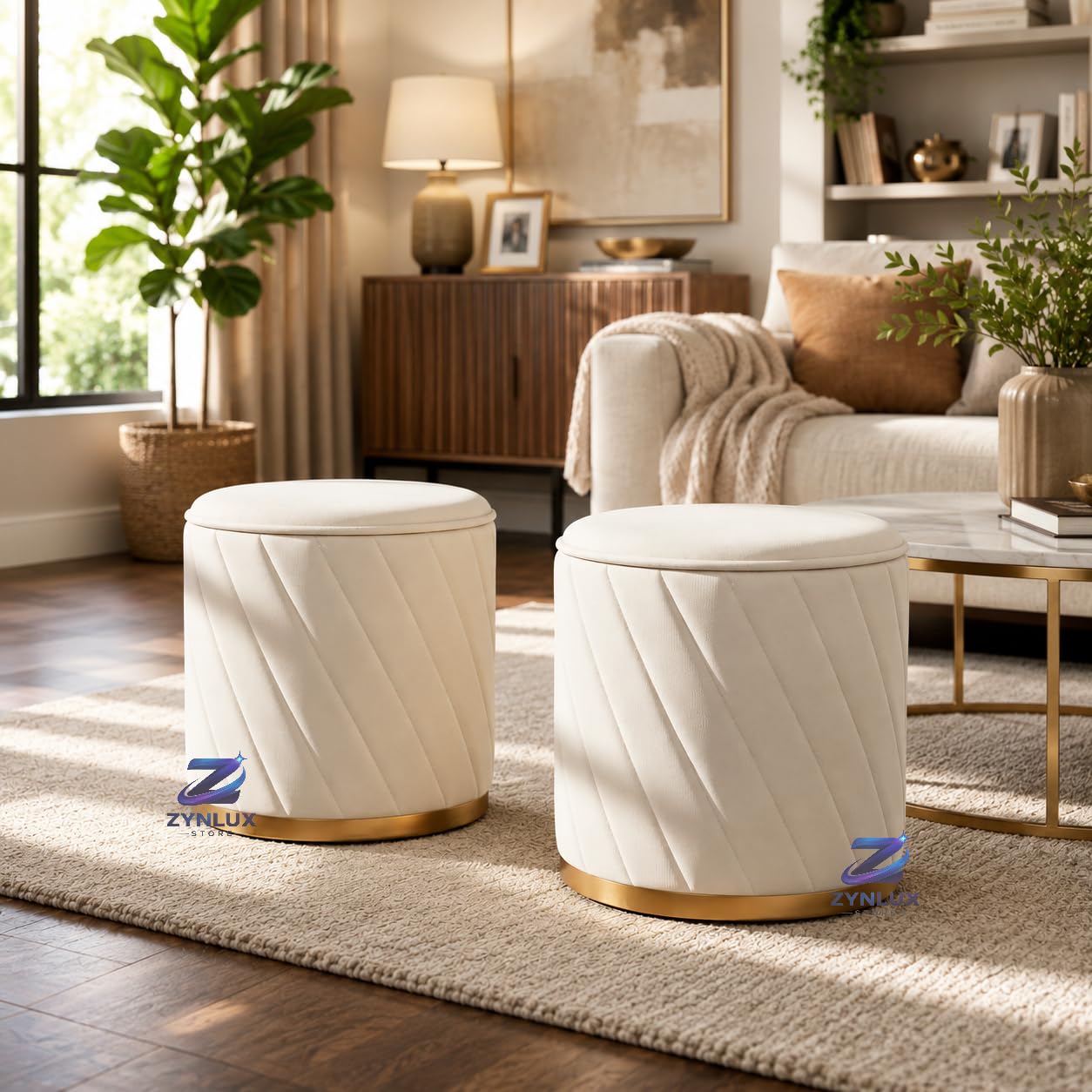 Luxury Velvet Round Ottoman Stool, Cream, with Gold Metal Base, Modern Footrest, Extra Seating, Home Décor, Set of 2-image-48